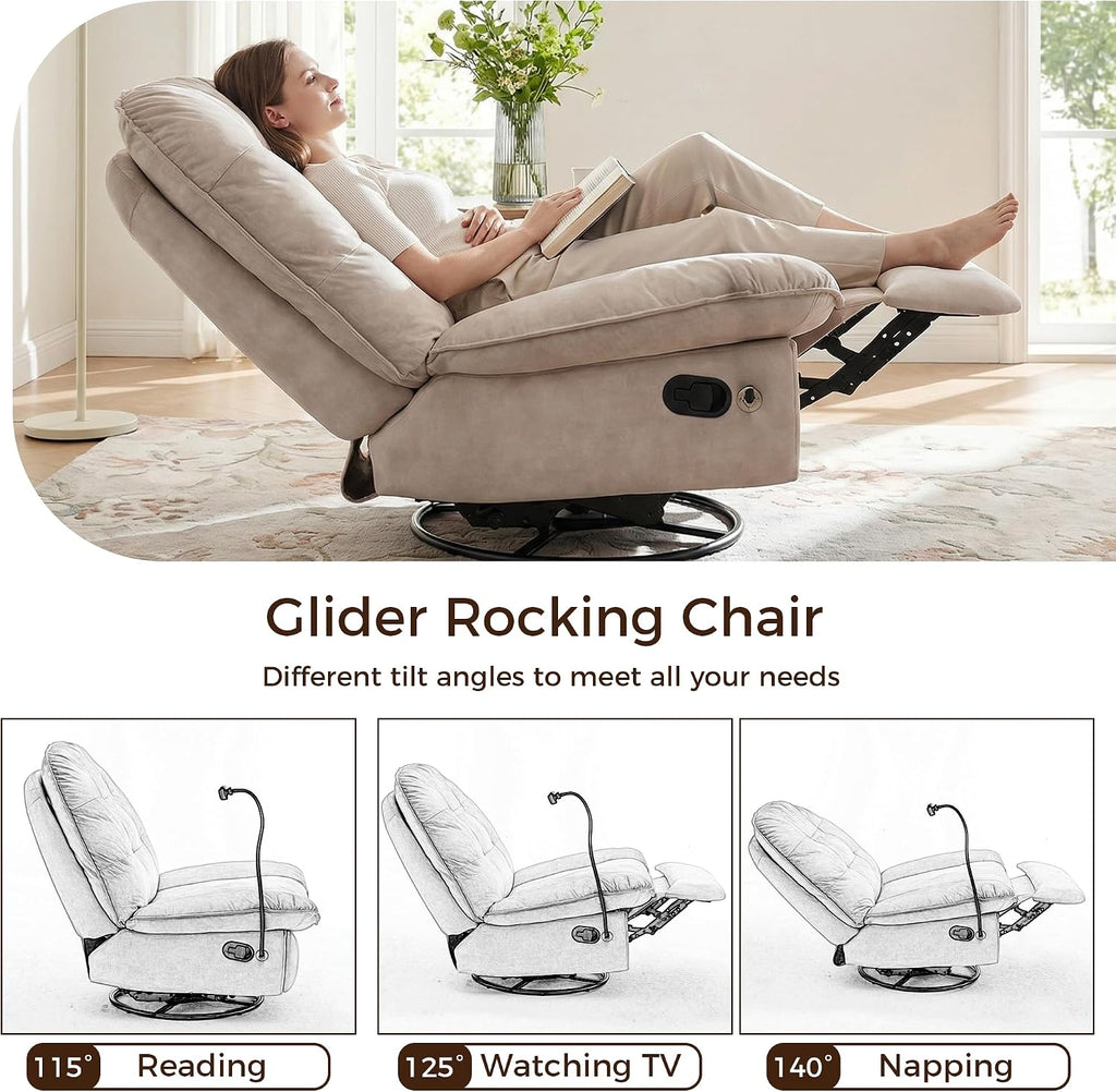 Swivel Rocker Recliner Chair for Adult, Glider Nursery Rocking Chair, Armless Manual Single Recliner Sofa for Living Room, Oversized & Overstuffed, Phone Holder Included, Beige Velvet