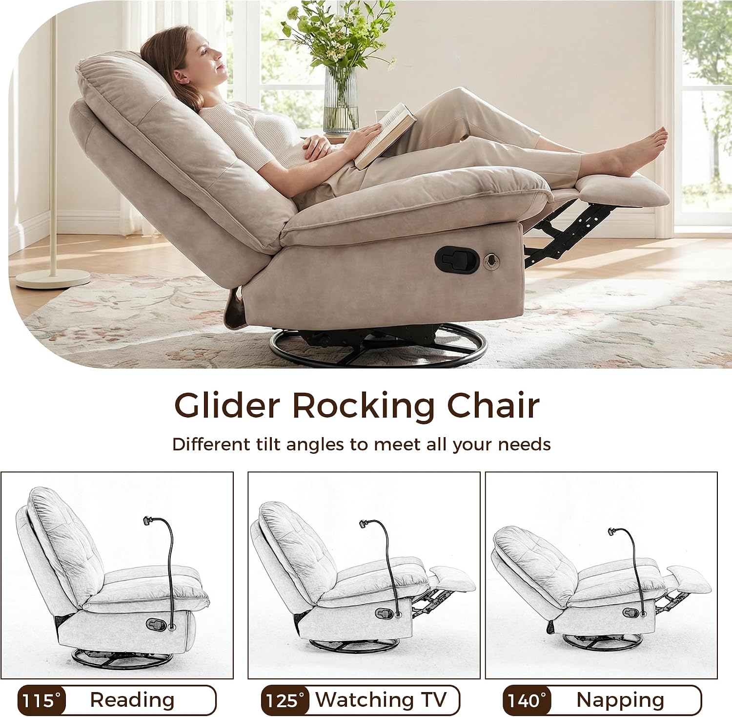Swivel Rocker Recliner Chair for Adult, Glider Nursery Rocking Chair, Armless Manual Single Recliner Sofa for Living Room, Oversized & Overstuffed, Phone Holder Included, Beige Velvet