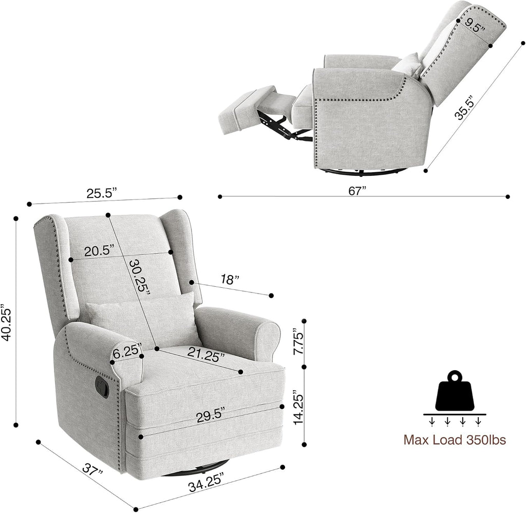 May in Color Swivel Recliner Chair with Extra Large Footrest, Comfy Upholstered Glider Rocking Chair for Living Room, Bedroom and Ofice, Grey