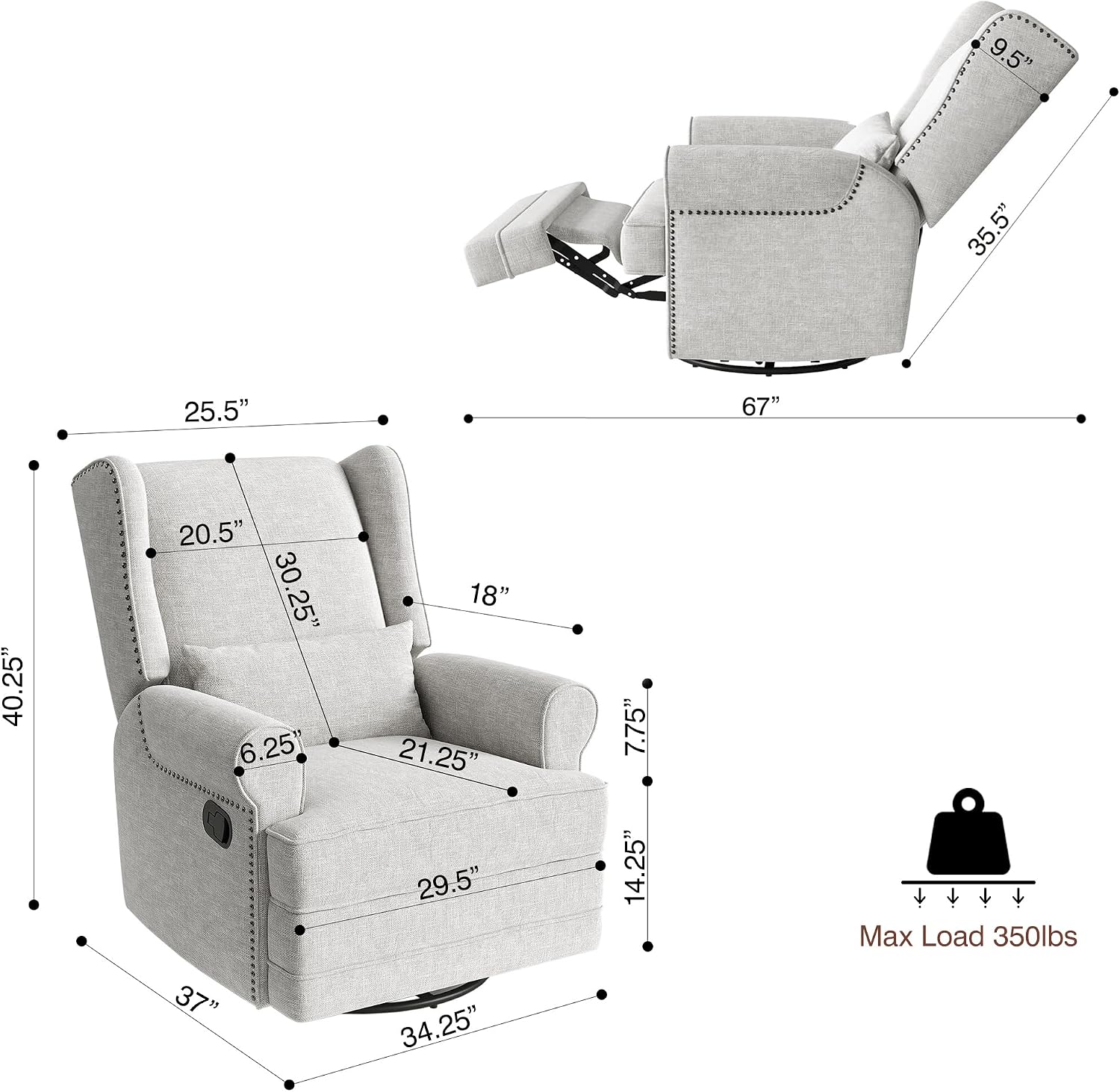May in Color Swivel Recliner Chair with Extra Large Footrest, Comfy Upholstered Glider Rocking Chair for Living Room, Bedroom and Ofice, Grey