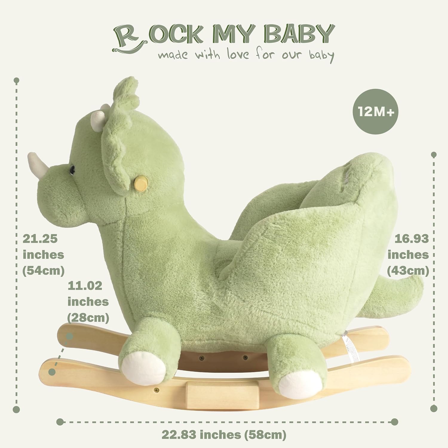 Rock My Baby Rocking Horse Green Dinosaur with Chair, Plush Stuffed Animal Rocker for Toddlers 1-3, Baby Rocker with Sweet Music, Wooden Rocking Horse Baby Animal Rocker,CPC Certified