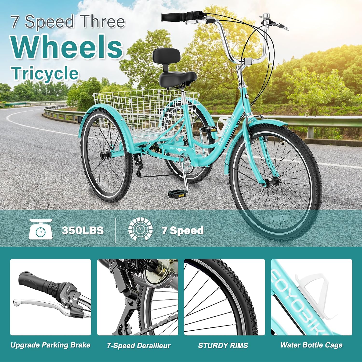MOPHOTO Adult Tricycle 7 Speed, 20/24/26 Inch Low Step-Through Adult Trike with Large Rear Basket, 350 lbs Capacity 3 Wheel Bike for Seniors, Women and Men