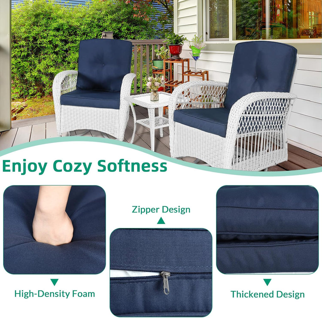 VIVIJASON 3-Piece Outdoor Conversation Bistro Set, Patio Swivel Glider Rocking Chairs Rattan Furniture Sets w/ 2 White Rattan Chairs, Glass Top Side Table for Porch Backyard, Navy Blue Cushions