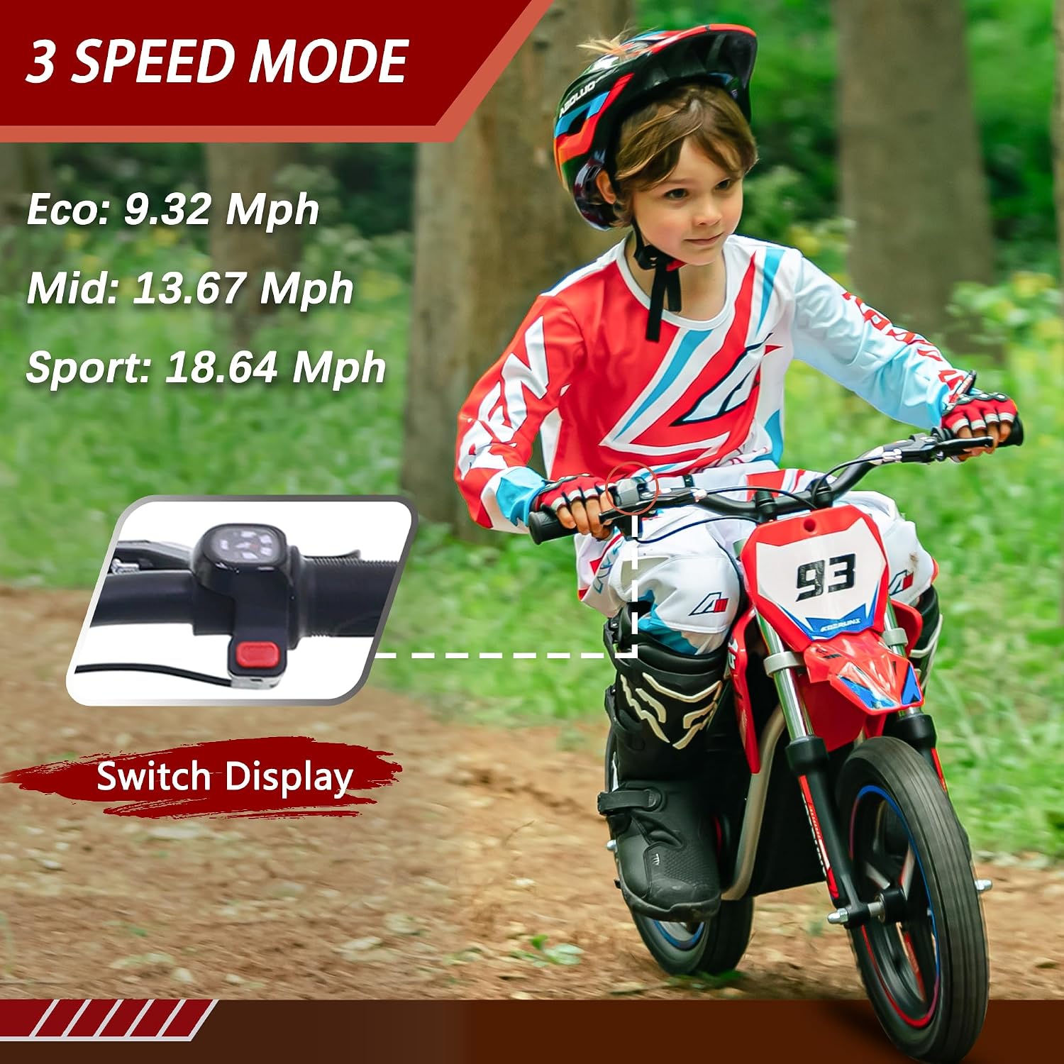 OLALA 36V Electric Dirt Bike for Kids 4-8, 350W Brushless Motor with 3-Speed Control, 18.6 MPH Max Speed, 14' Off-Road Tires Motorcycle, for Boys & Girls, Red