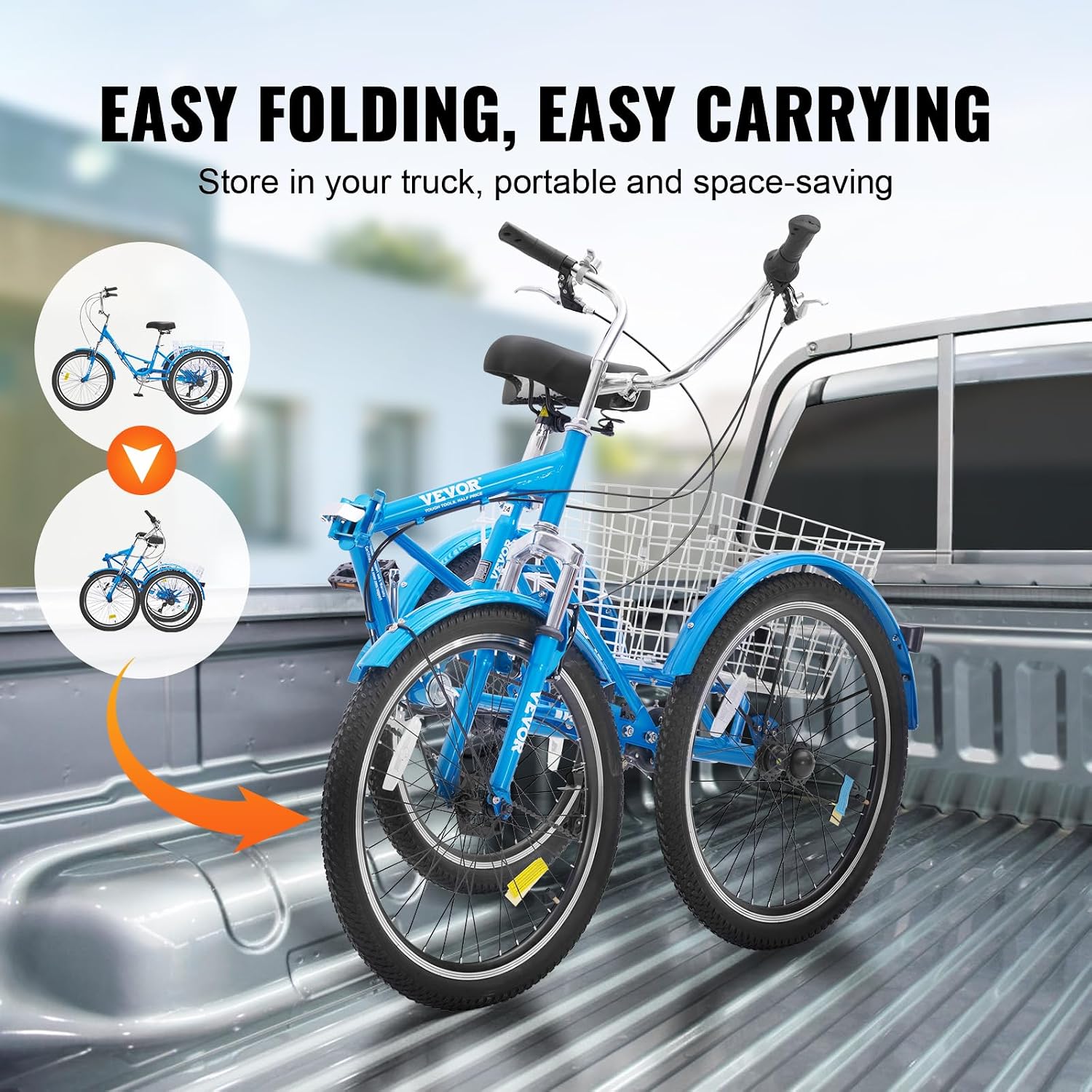 VEVOR Folding Adult Tricycle,Adult Folding Trikes, 3 Wheel Cruiser Bike with Large Basket & Adjustable Seat, Shopping Picnic Foldable Tricycles for Women, Men, Seniors