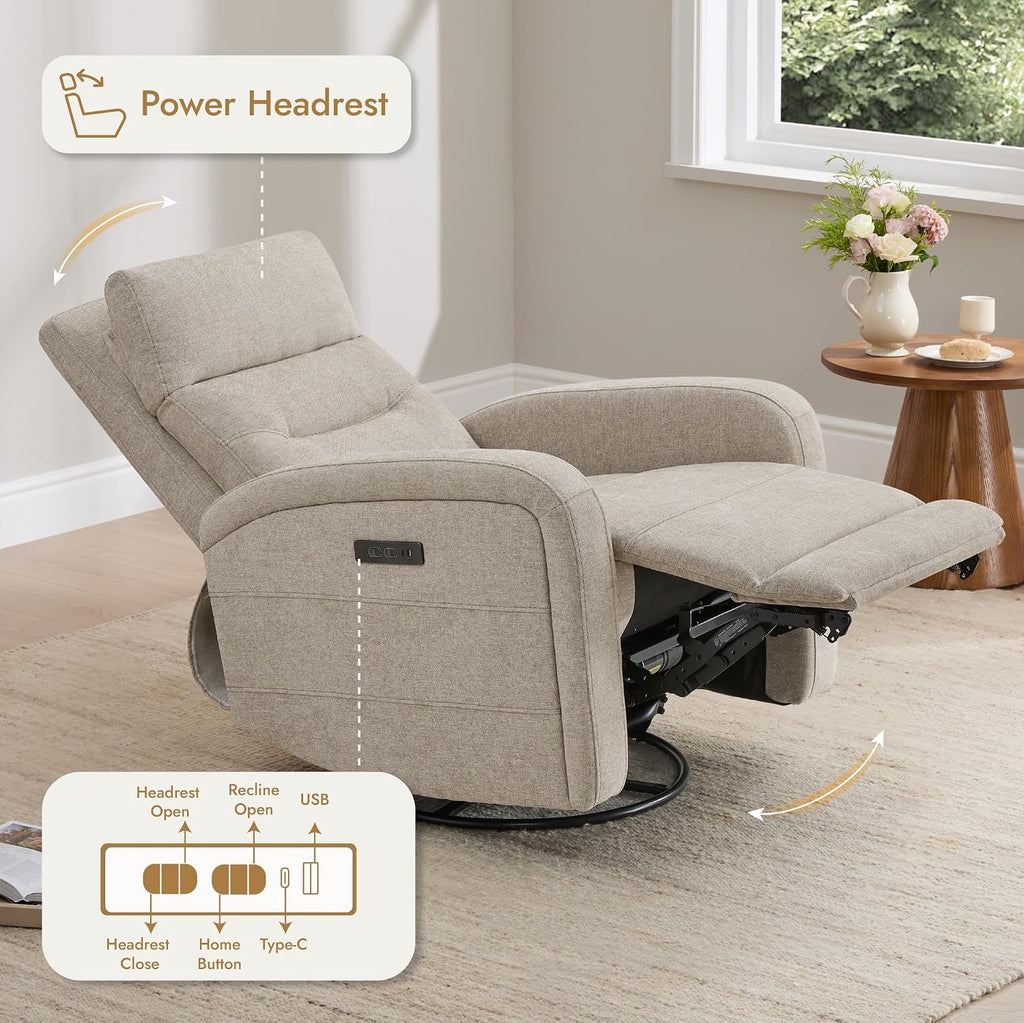 Watson & Whitely Swivel Power Recliner with Adjustable Headrest, Recliner Chairs for Adults, Small Glider Rocker for Living Room, Fabric in Khaki