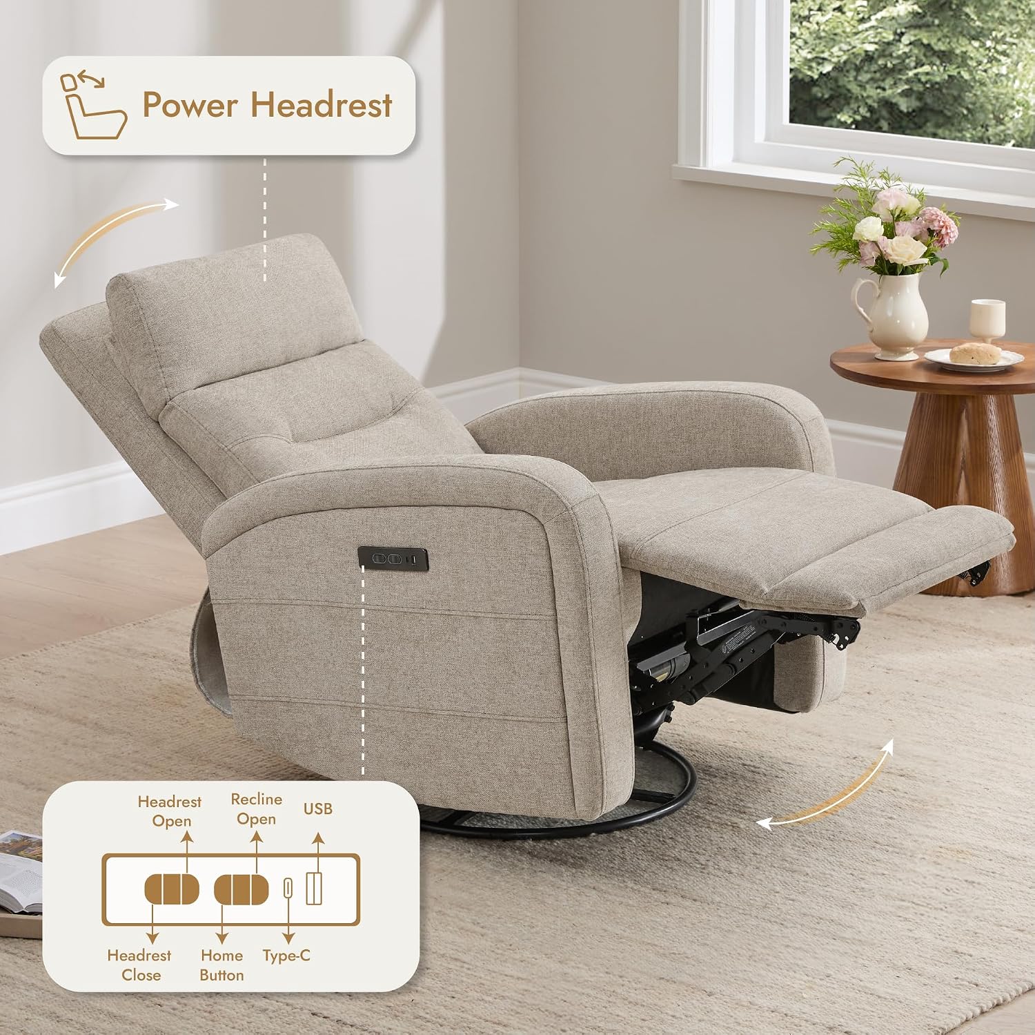 Watson & Whitely Swivel Power Recliner with Adjustable Headrest, Recliner Chairs for Adults, Small Glider Rocker for Living Room, Fabric in Khaki