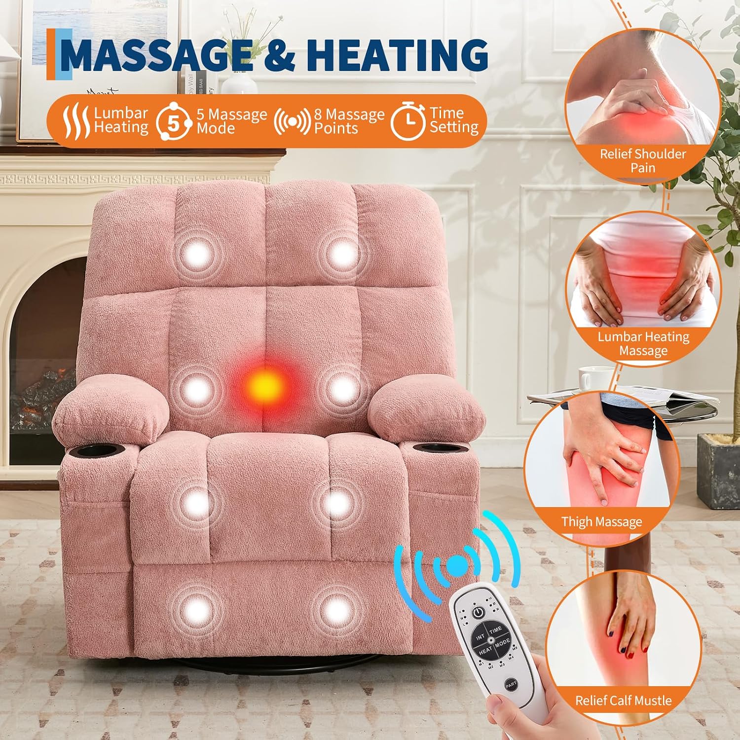 IDEALHOUSE Rocking Recliner Chair with Heat, 38.5' Oversized Swivel Rocker Recliner with Massage, Side Pockets & Cup Holders, Reclining Sofa for Living Room, Bedroom (Pink, Linen)