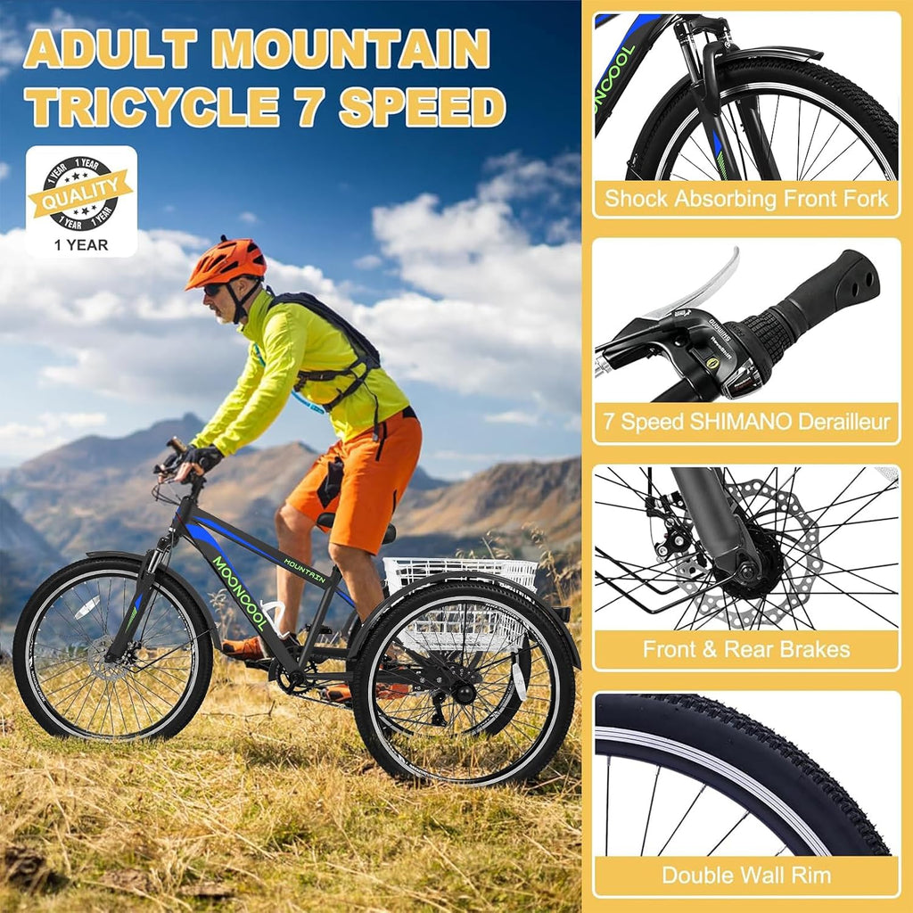 NAIZEA Adult Mountain Tricycle, 7 Speed Three Wheel Cruiser Bike, 27.5 Inch Adults Trikes with Shopping Basket, Exercise Men's Women's Tricycles, Multiple Colors