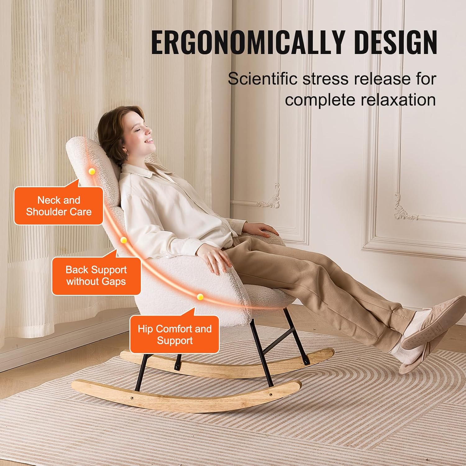 VEVOR Rocking Chair Nursery, Glider Rocking Chair with Soft Seat and High Backrest, 250 lbs Weight Capacity Teddy Fabric, Upholstered Glider Rocker Chair for Nursery, Bedroom, Living Room, Ivory White