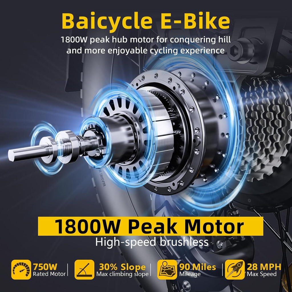 Baicycle 1800W Peak Electric Bikes for Adults 20' Fat Tire E Bike with 90 Miles(PAS) Max Range 28 MPH Electric Bicycle Step-Thru Ebikes with 48V Removable Battery 7 Speed Ebike