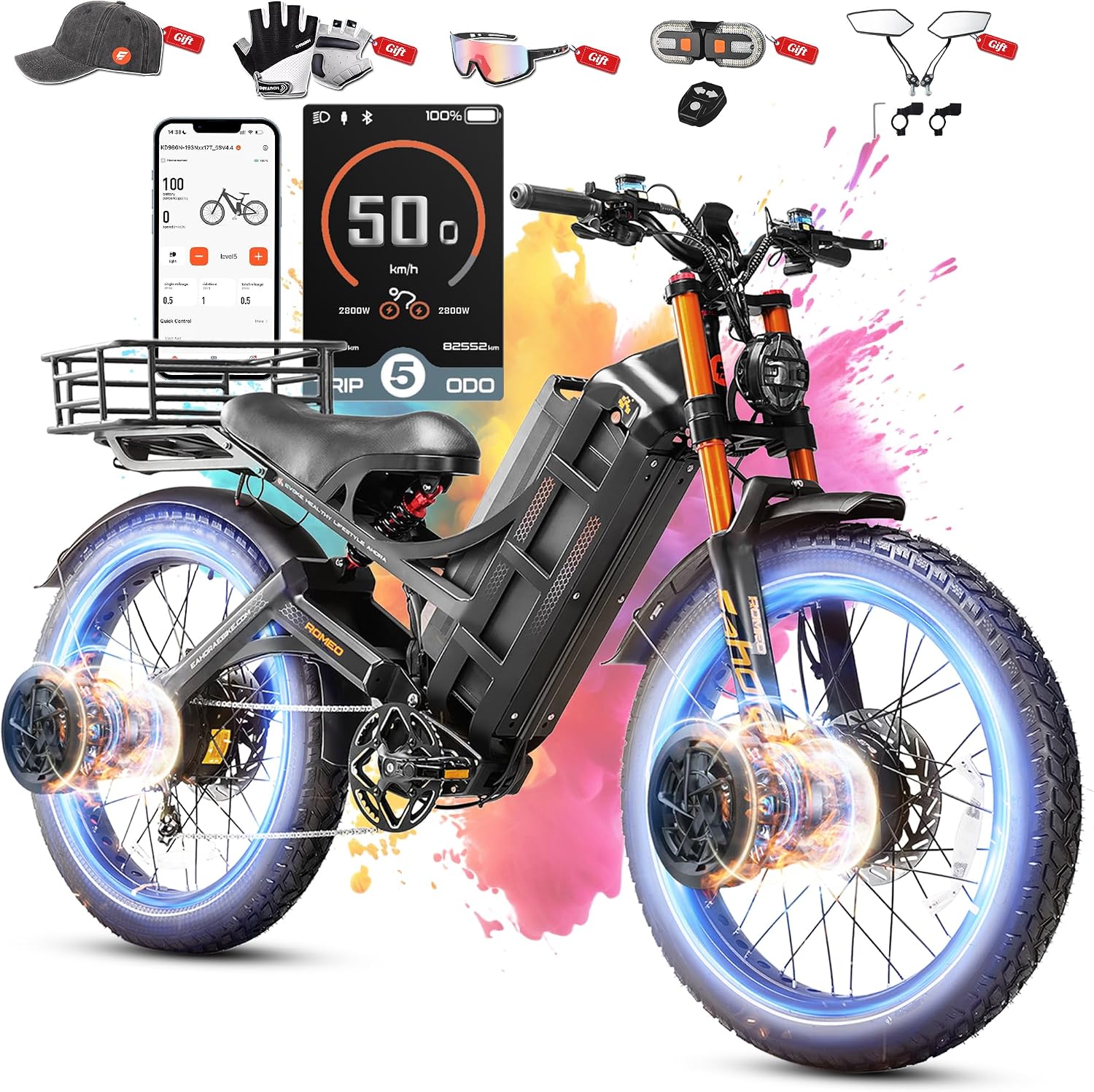 2026 eAhora Romeo Pro 3/2 50-46 Mph Electric Bike for Adults, 5600W/4000W/2500W Dual Motor Ebike 60V 80Ah/52V 70Ah Battery 200 Miles Long Range, 26*4.0'/20*4.5' Fat Tire, Full Suspension, All Terrain