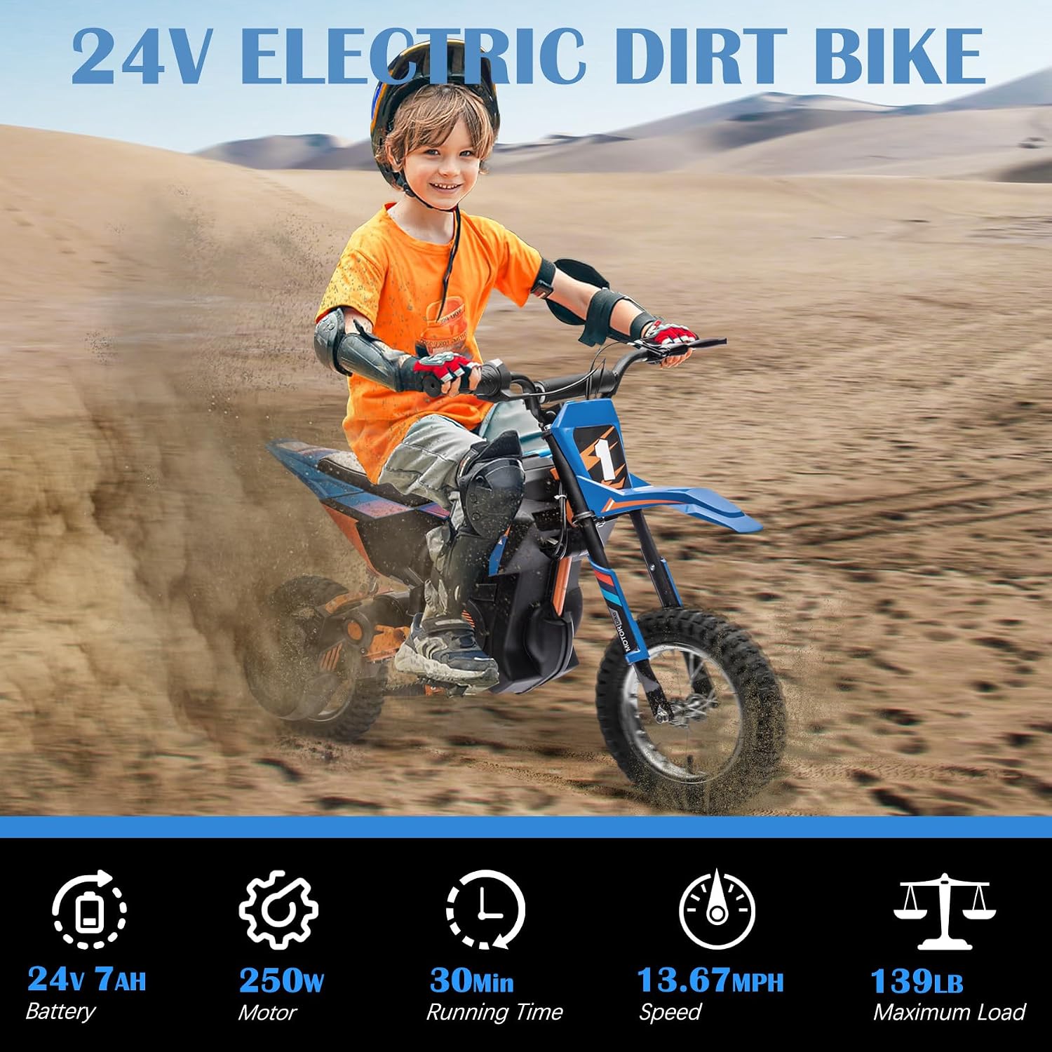 JoyWheel 24V 7Ah Electric Dirt Bike, 250W Electric Motorcycle for Kids, 14MPH Off-Road Motorcycle with Anti-Slip Tires (Blue)