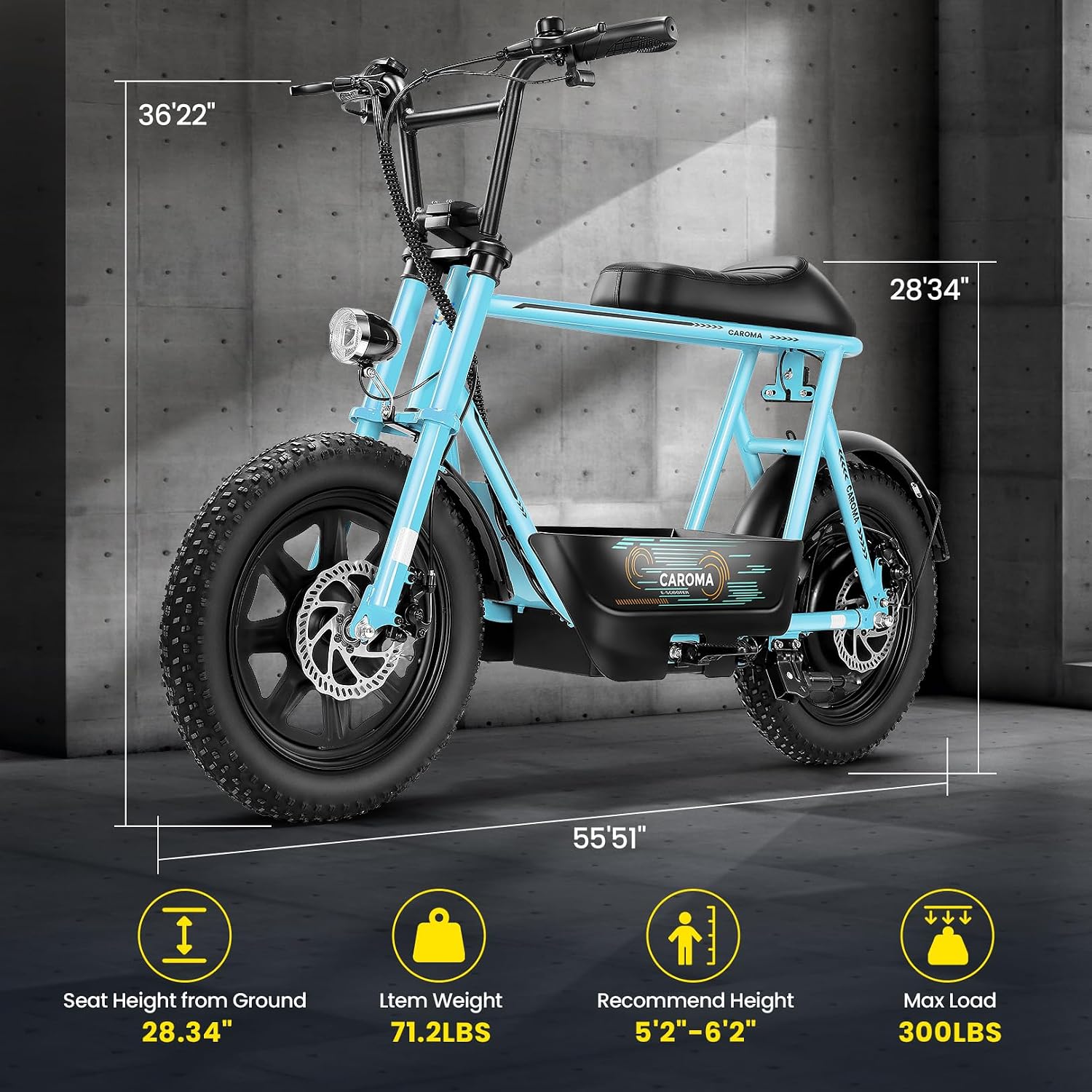 Caroma Peak 1200W/800W/500W Electric Scooter with Seat,16'×3' Fat Tire Ebike All-Terrain,Max 30Miles&20MPH Electric Scooter Adults,Electric Motorcycle Adults with Storage Basket for Pets&Cargo