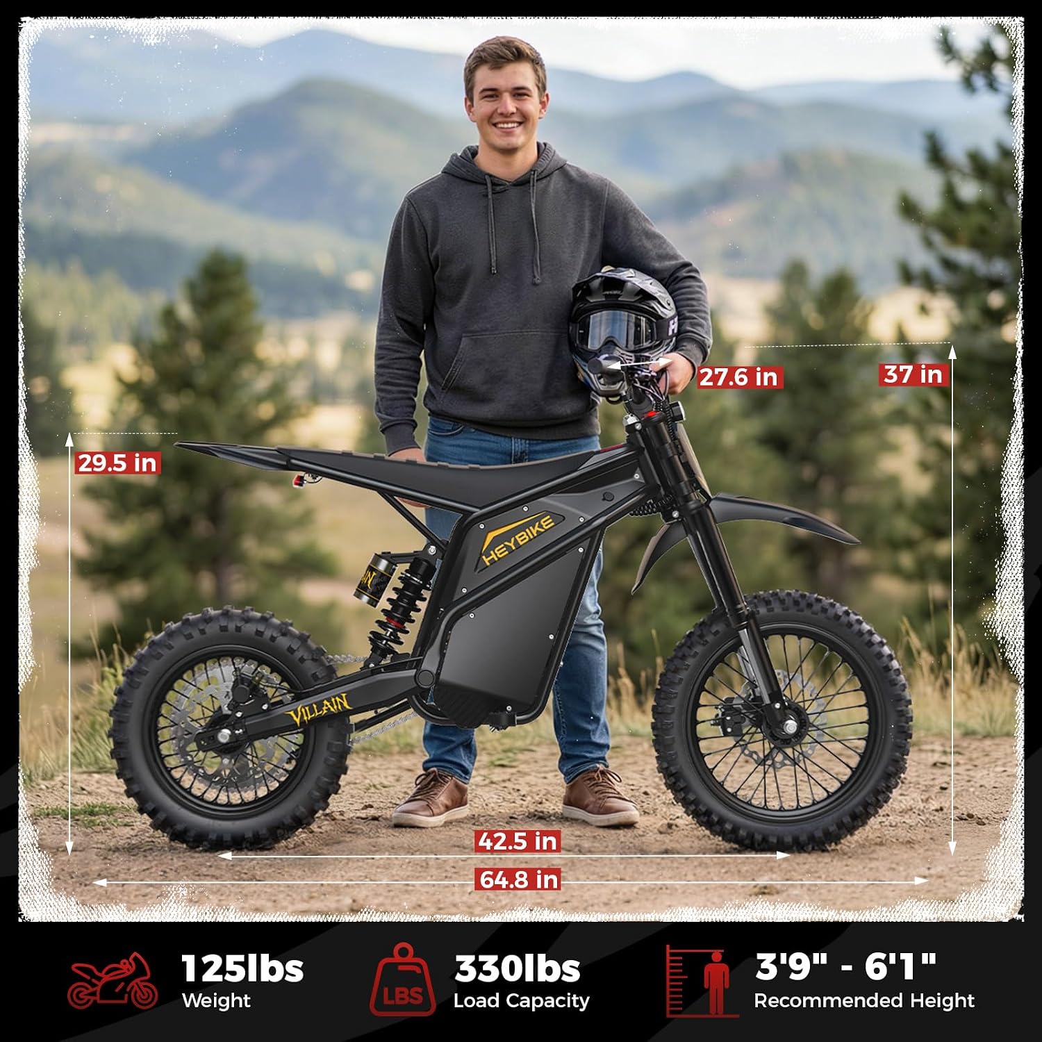 Heybike Villain Electric Dirt Bike, 4160W E Dirt Bike with 52V 26AH Battery, 14'/12' Fat Tire Electric Motorcycle for Teens, Max 45MPH Ebike with Reversing Function（Standard; Inky Black）