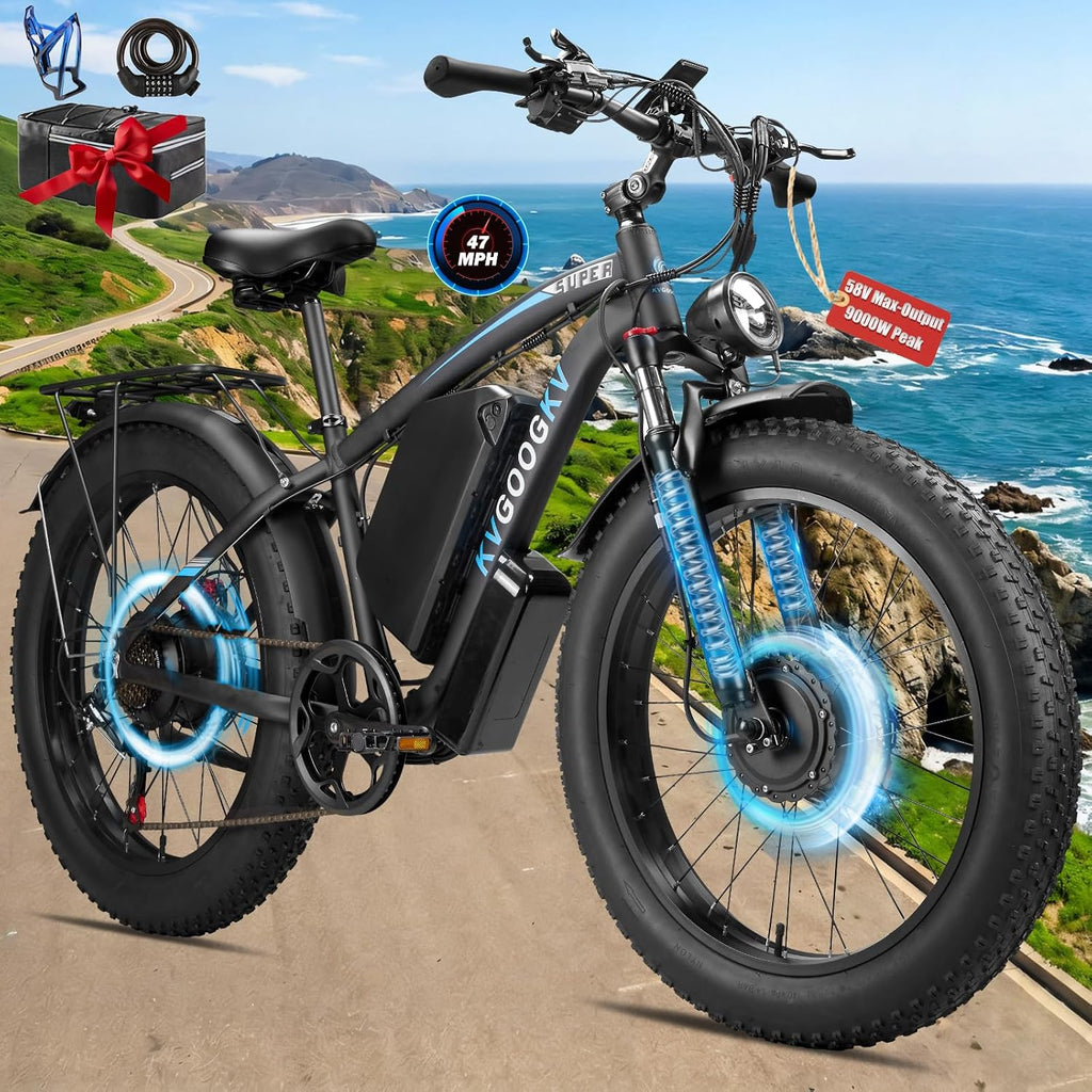 9000W Peak Dual Motor Ebike,58V Max-Output 1972Wh Electric Bike for Adults,44-47MPH Fast Ebike,Long Range Battery Up to 105 Miles,24'×4.0 Fat Tires Electric Mountain Bike for Snow Off-Road