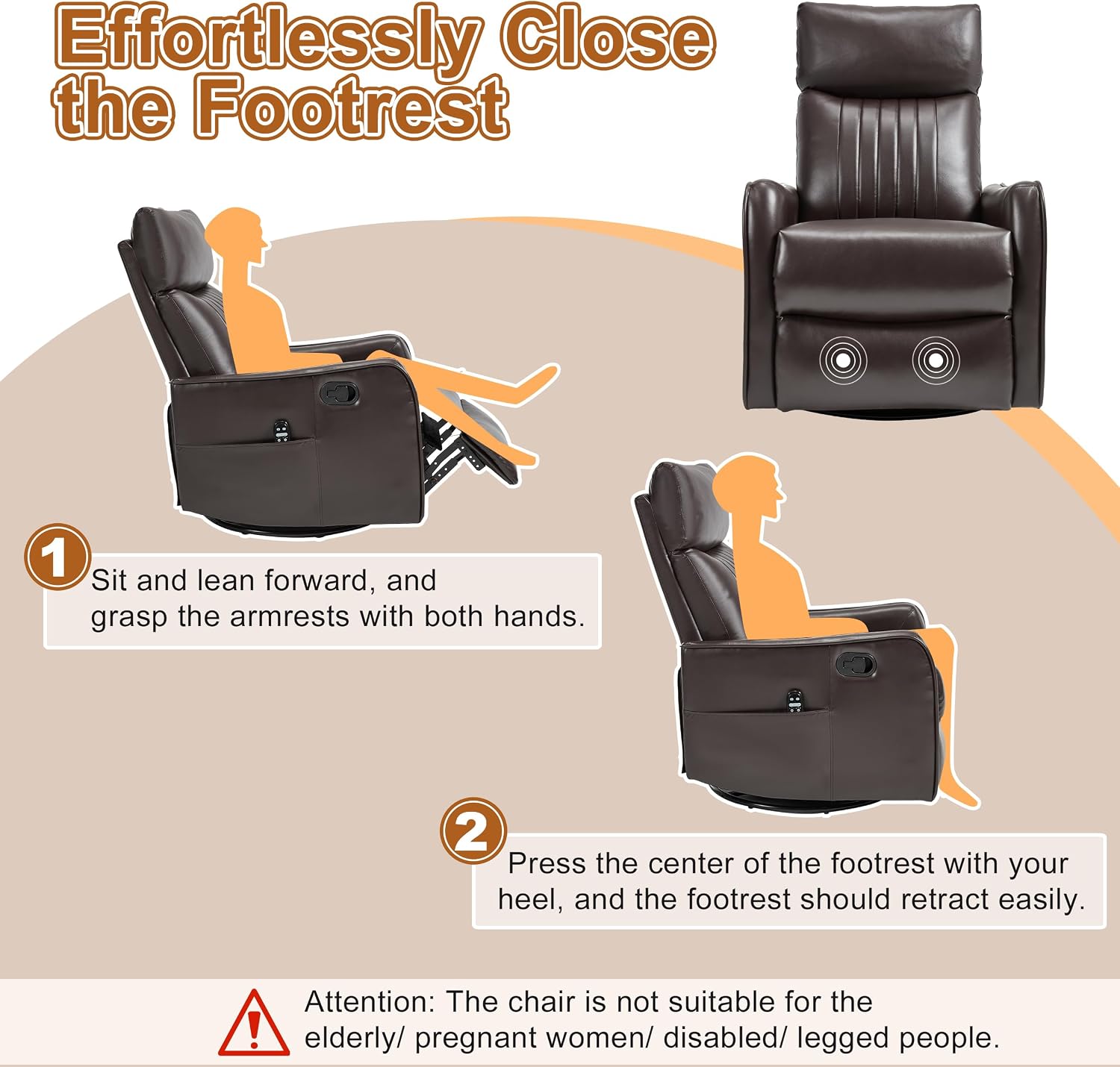 Manual Swivel Rocker Recliner Chair for Adults, Overstuffed Reclining Glider Chair for Nursing with Vibration Massage & Heat, Living Room Rocking Recliner 2-Stage backrest, Faux Leather Dark Brown