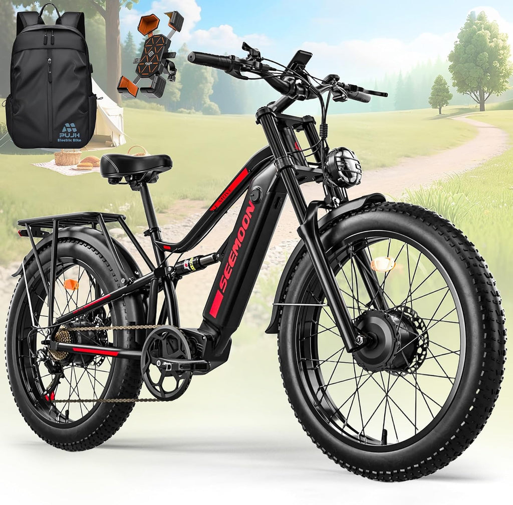 Seemoon Electric Bike for Adults, 52V 20Ah 26' Fat Tire Fast Ebike, up to 100 Miles, Hydraulic Brakes, Off-Road Mountain Hunting AWD Ebike for Men (Black)