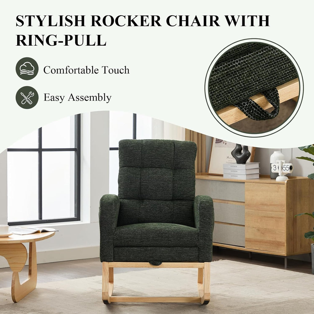 Nursery Rocking Chair, Polyester Upholstered Glider Chair with Footrest, Comfy Rocker Chair, Accent Chair with High Backrest, Glider Rocker, Armchair for Living Room (Dark Green Linen)