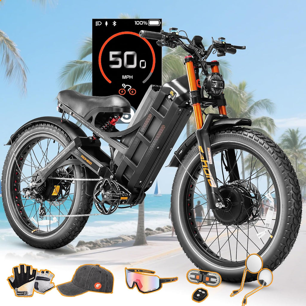 2026 eAhora Romeo Pro 3 Electric Bike for Adult, Peak 5600W Dual Motor, 50mph, 60V 80Ah Battery, 250 Miles Long Range, 26'*4.0 Fat Tire, Air Suspension, App, Commute, Delivery, All-terrian