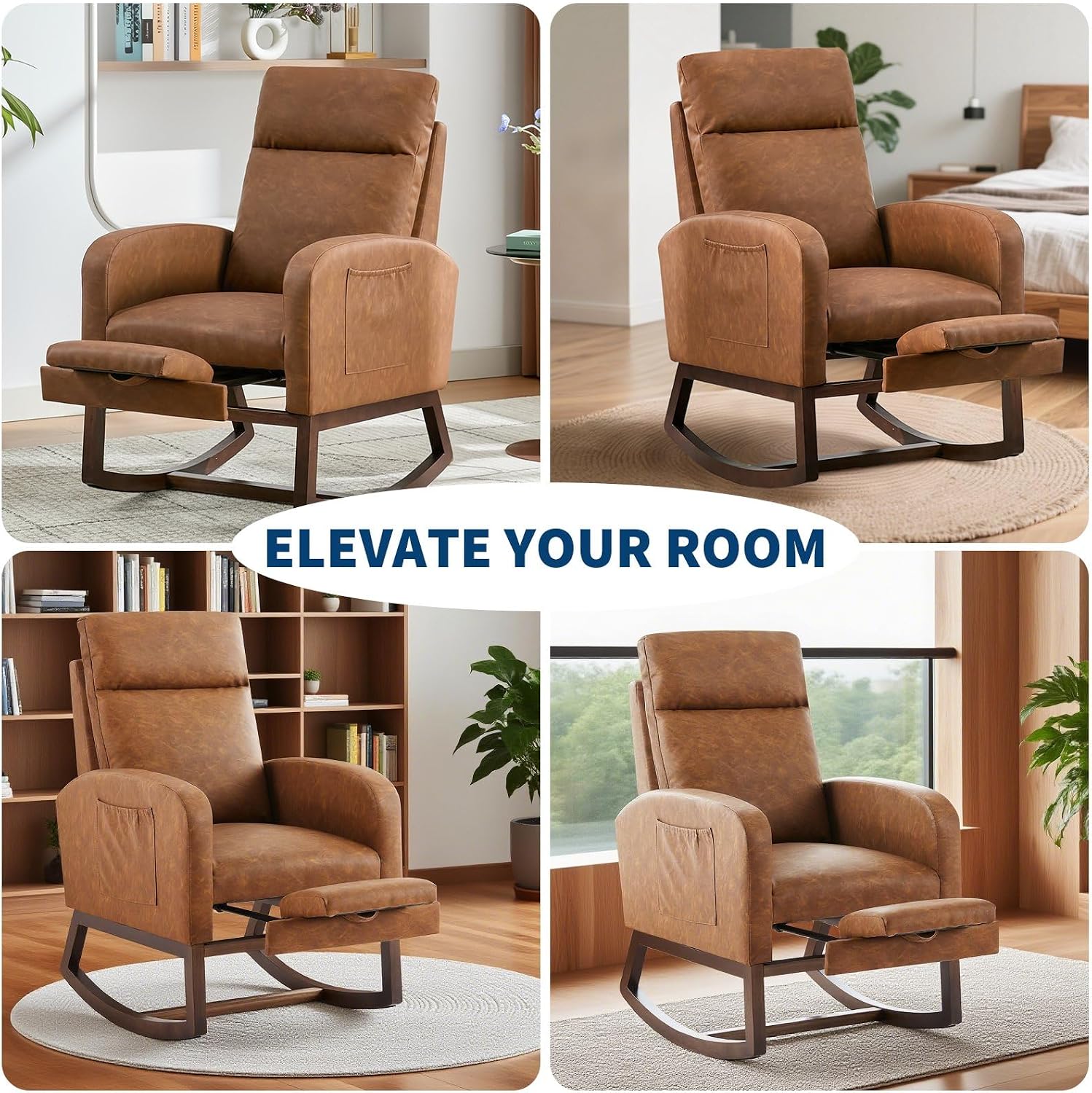 Teddy Fabric Nursery Rocking Chair with Adjustable Footrest, Two Side Pockets & Solid Wooden Legs - High Backrest Comfortable Lounge Armchair for Nursery, Living Room, Bedroom,Brown.