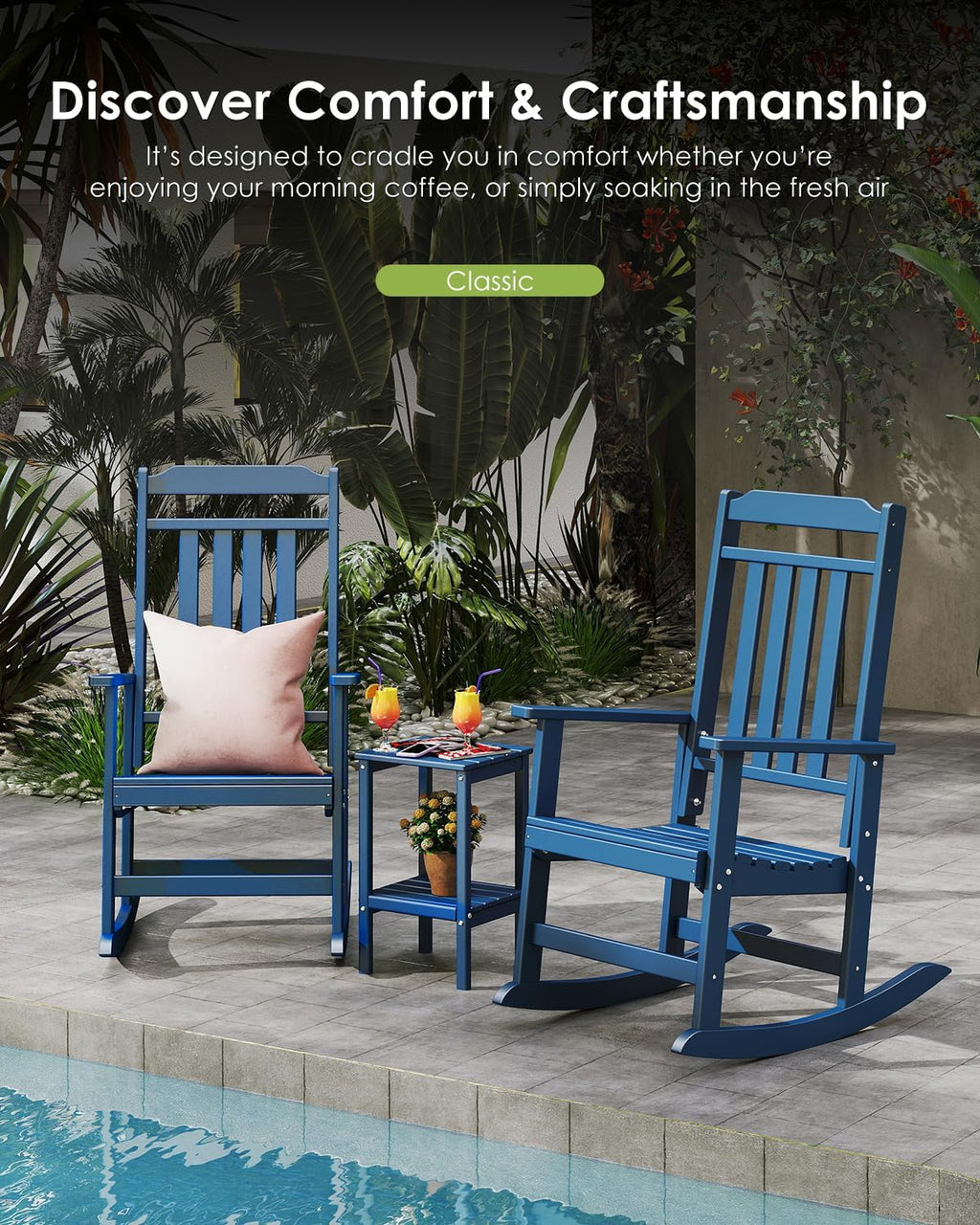 GREENVINES Outdoor-Rocking-Chairs-Set-of-2 | HDPE Plastic | Patio Rockers | Porch Rocker Chair | Oversized | High Back | Big & Tall | Blue
