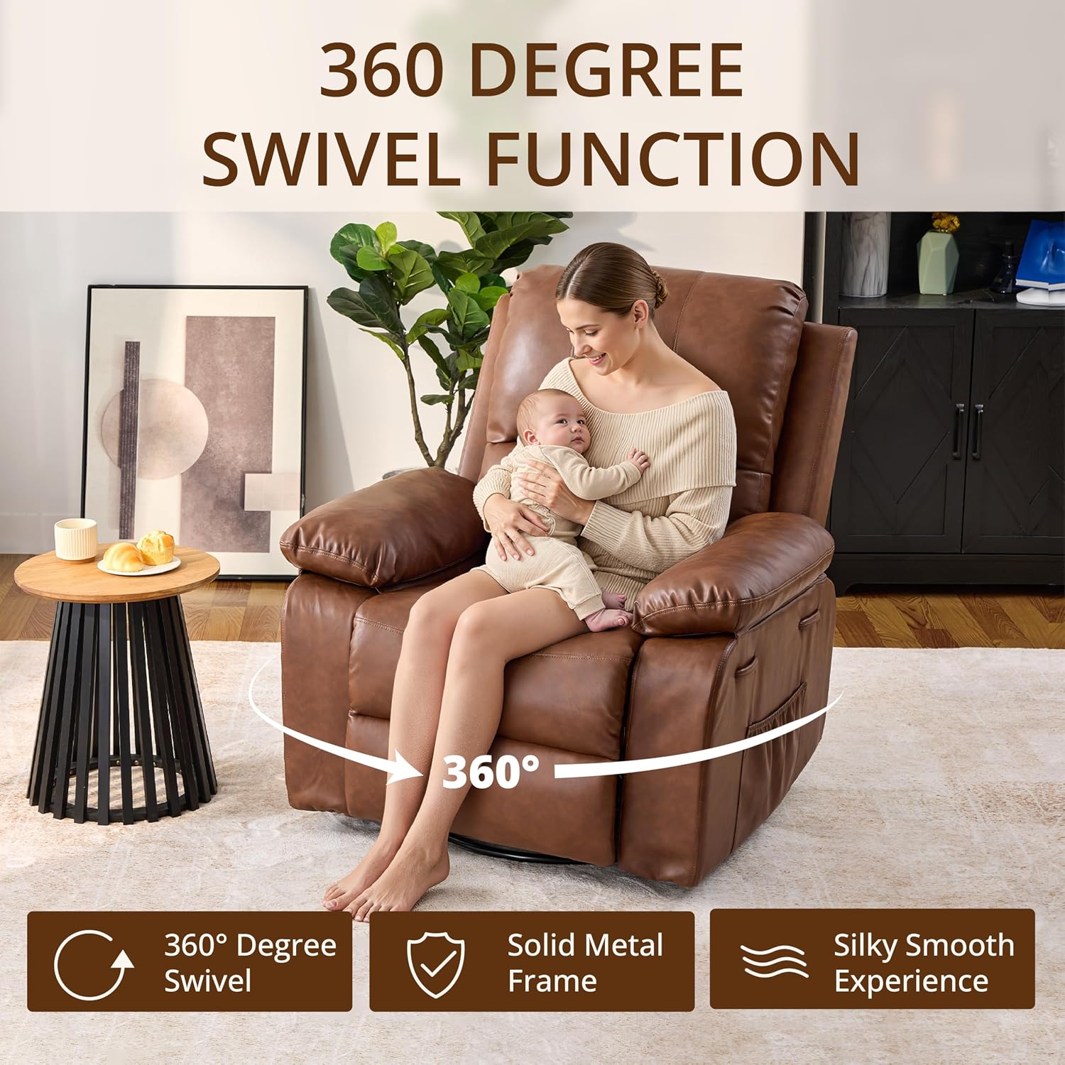360° Swivel Rocking Leather Recliner Chair for Adults, Overstuffed Manual Recliner with Spring Cushion, Glider Rocking Nursery Single Sofa with Side Pockets for Living Room, Camel