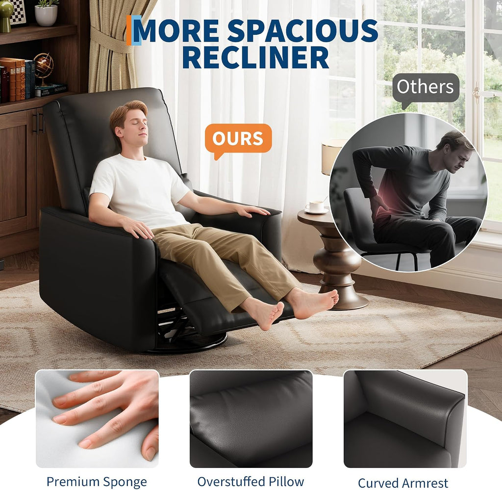 GarveeHome Recliner Chair, 360° Swivel Rocker Glider Nursery Chair with Padded Armrest and Deep Seat, PU Leather Upholstered Reclining Sofa Chair for Living Room, Bedroom and Nursery (Charcoal)