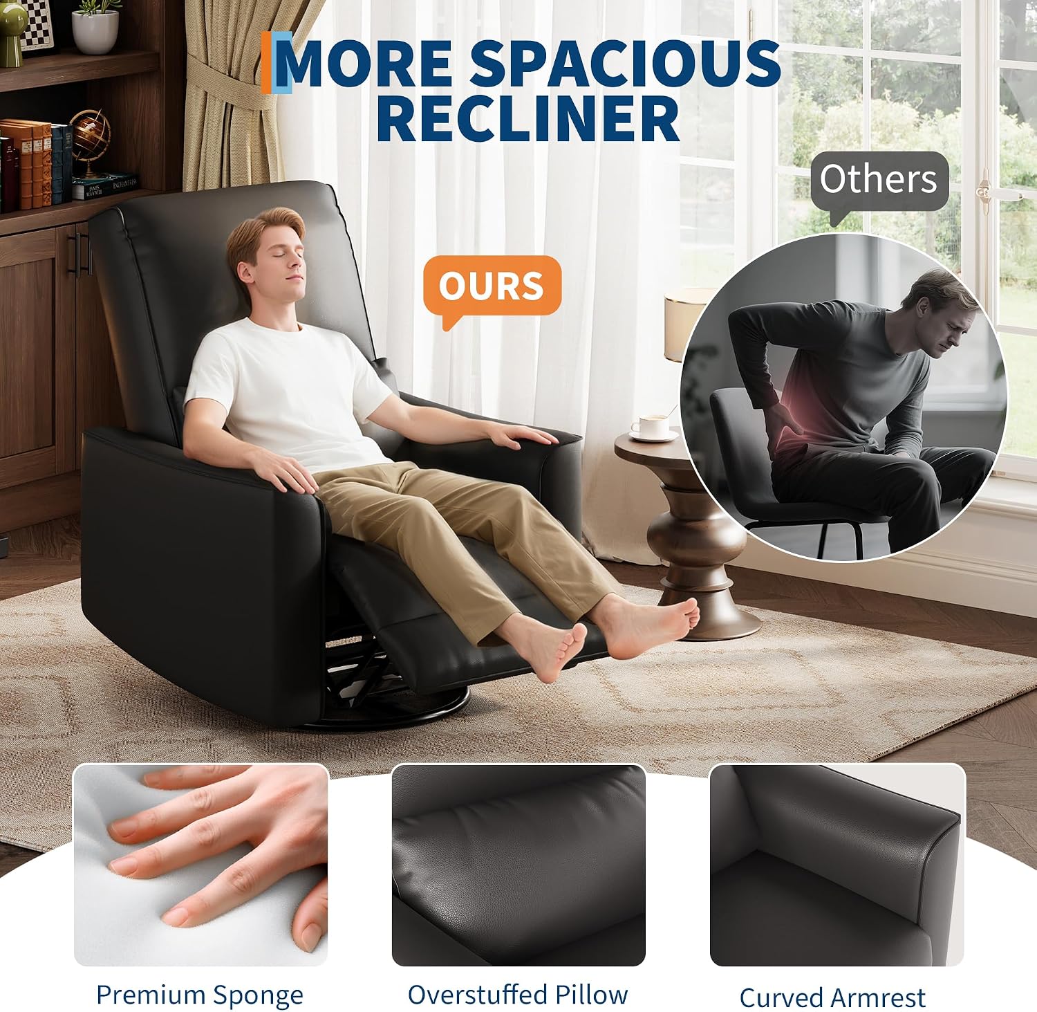 GarveeHome Recliner Chair, 360° Swivel Rocker Glider Nursery Chair with Padded Armrest and Deep Seat, PU Leather Upholstered Reclining Sofa Chair for Living Room, Bedroom and Nursery (Charcoal)
