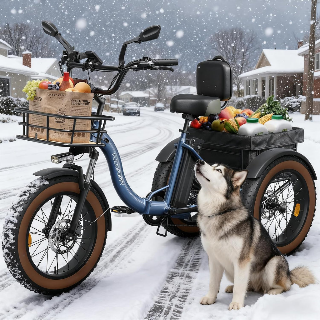 PUCKIPUPPY Electric Tricycle for Adults, 960W Max Rear Motor Electric Trike, 20MPH 3 Wheel, 20' 6061 Aluminum Folding Ebike Frame, 55 Miles Range Cargo Tricycle with Large Basket