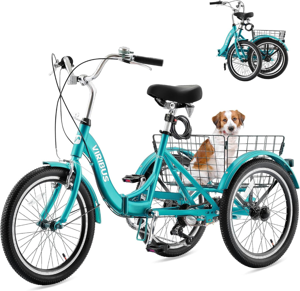 VIRIBUS Folding Tricycle for Adults, 20 inch Foldable Adult Tricycle 1 or 7 Speed Speed with Basket, Folding 3 Wheel Bikes for Adults Senior Women Men, Collapsible Mini Trike, Three Wheeler 330lb.