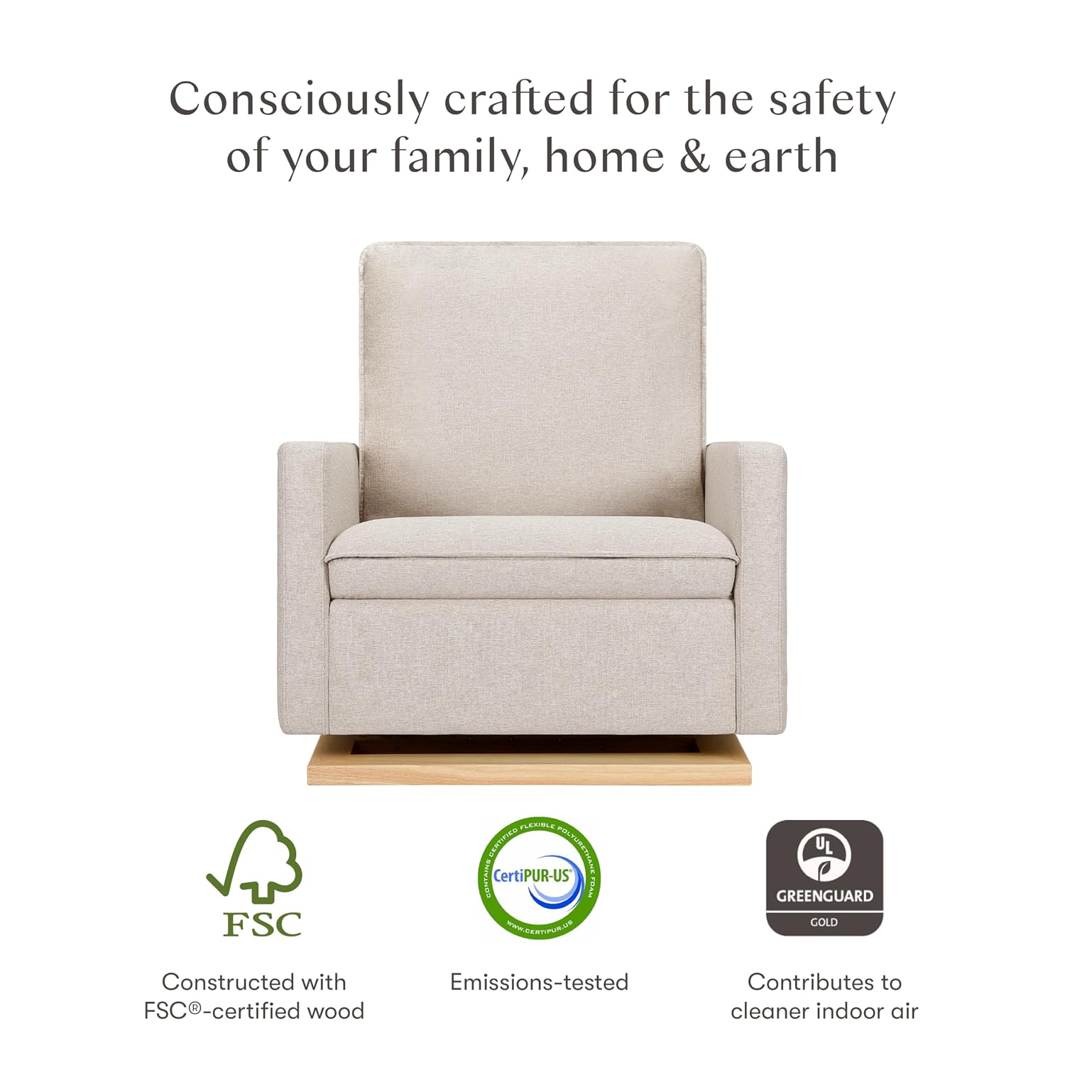 Babyletto Cali Pillowback Chair and a Half Glider in Performance Beach Eco-Weave with Light Wood Base, Water Repellent & Stain Resistant, Greenguard Gold and CertiPUR-US Certified