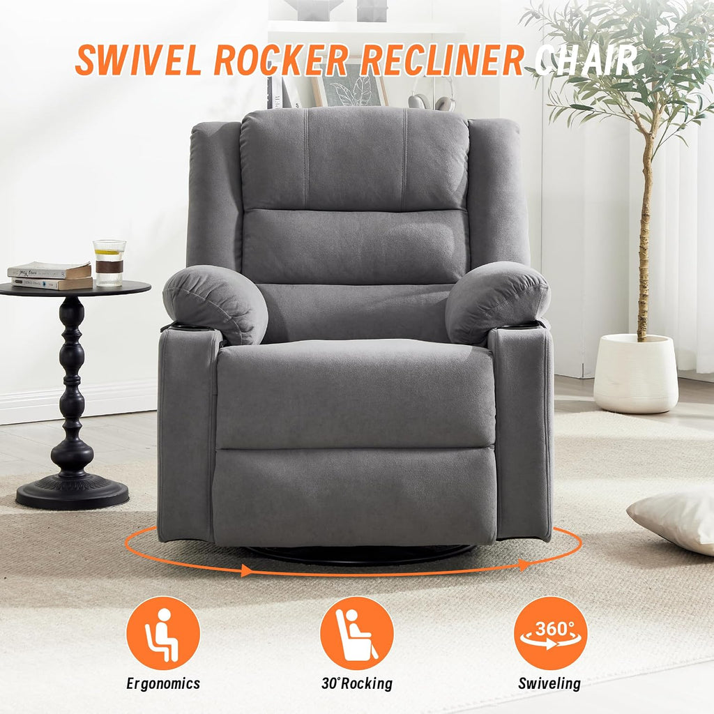 360°Swivel Rocker Recliner Chair for Adults,Manual Glider Recliner Sofa with Massage and Heating, Nursery Rocking Chairs with Cup Holds for Living Room Bedroom (Grey)