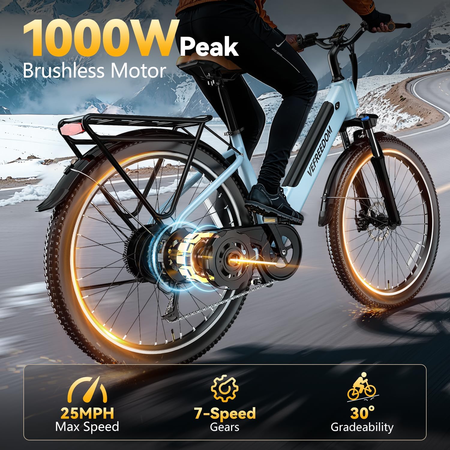 Electric Bike for Adults 1000W 1500W Peak Motor 15AH 20AH Removable Battery 70Miles 80Miles UL 2849 Certified Electric Commuter Bike Front Suspension Ebike