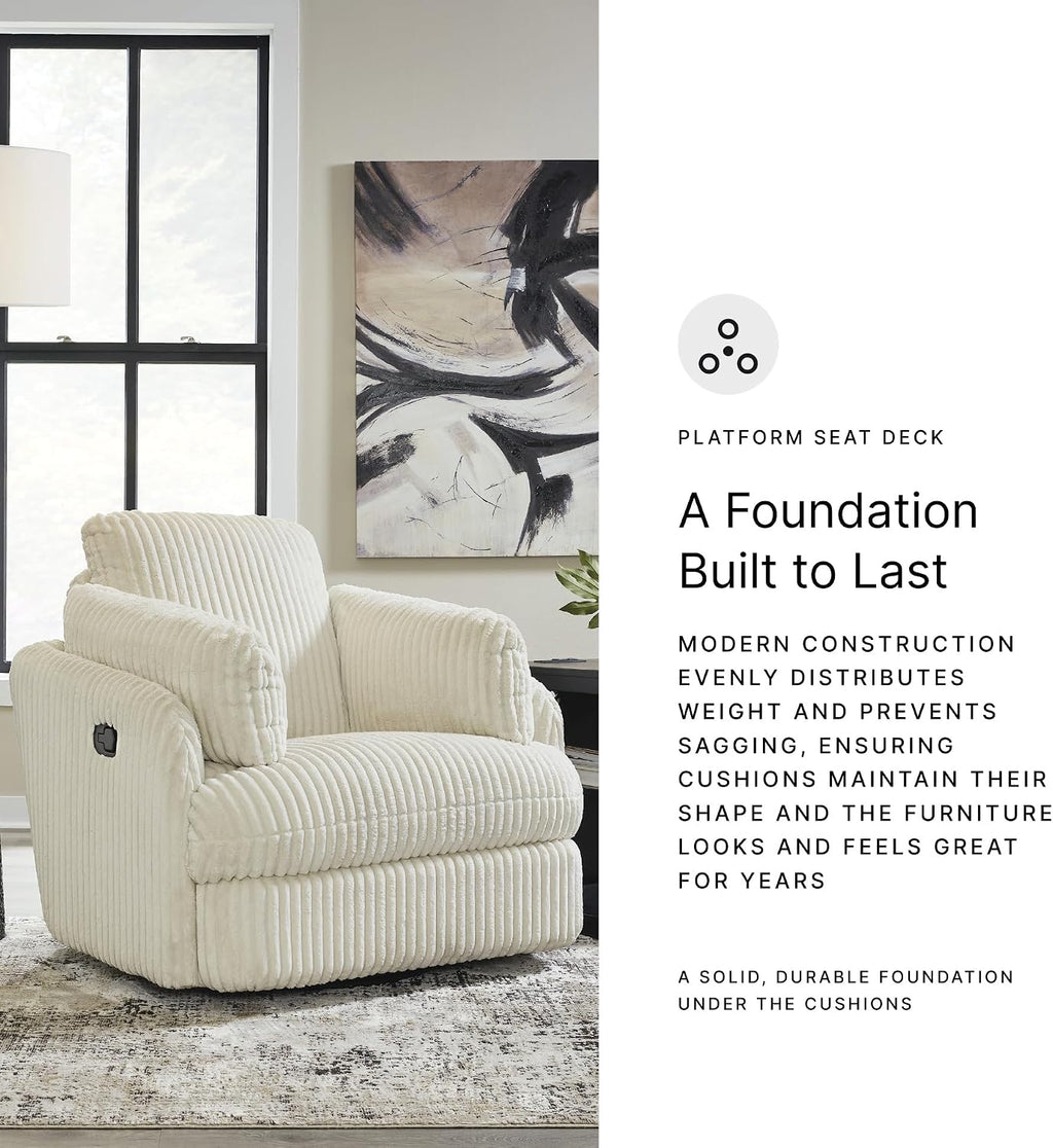 Signature Design by Ashley Tie-Breaker Cozy Contemporary Manual Press-Back Swivel Glider Rocker Recliner with 2 Bolster Pillows and Hidden Storage, White