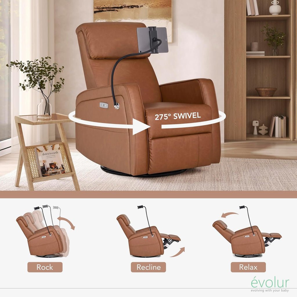 Evolur Maverick Upholstered Power Glider Recliner with Device Holder – Swivel, Rocking & Smooth Power Recline – Greenguard Gold & FSC Certified, Modern Nursery and Living Room Chair in Cognac