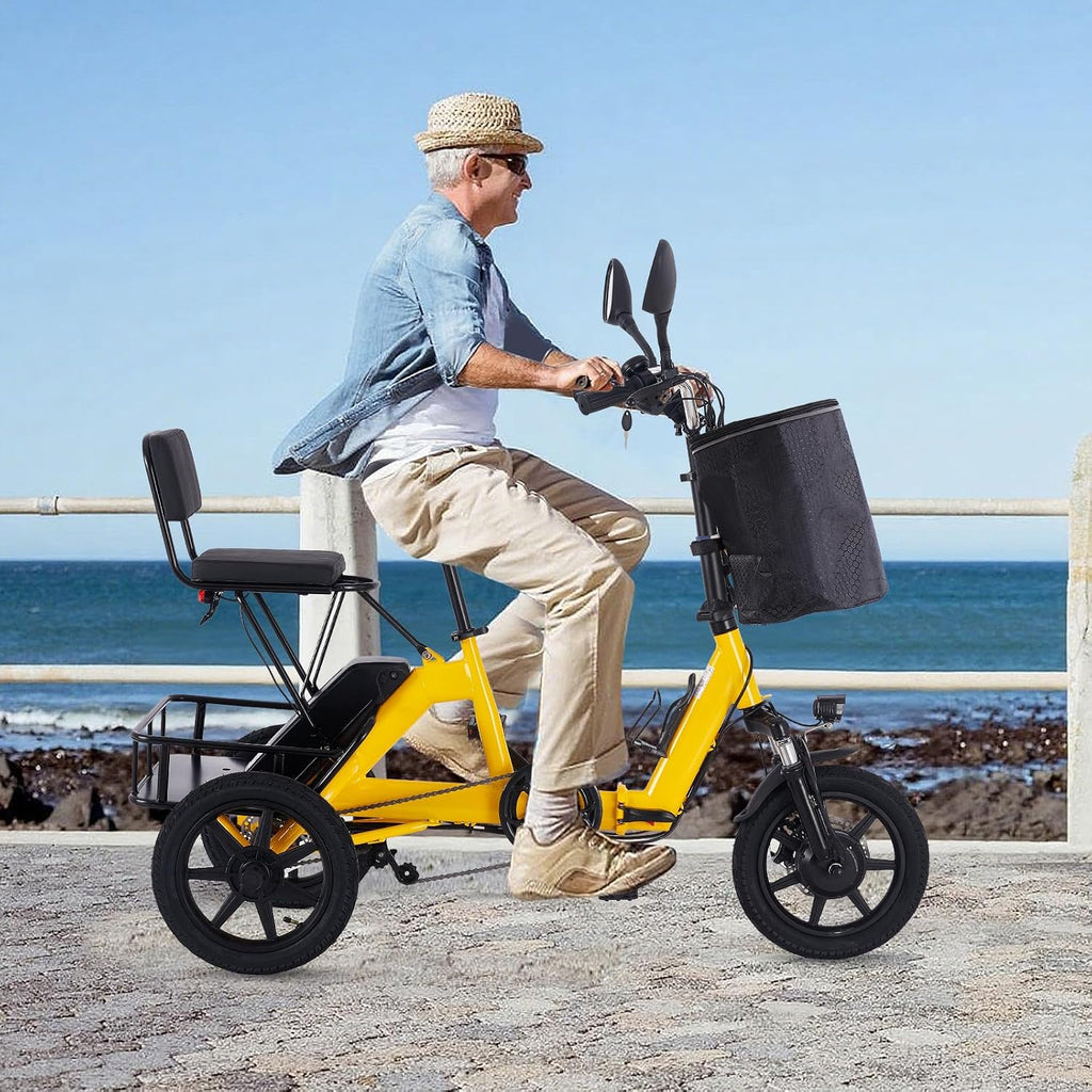 E Trike Electric Bike, 350W(Peak 500W) Brushless Motor Folding Trike, 2 Seats Ebike, 480Wh Removable Battery, Step-Thru 3 Wheel Electric Bicycle, Up to 45 Miles, Tricycle for Adults Parents
