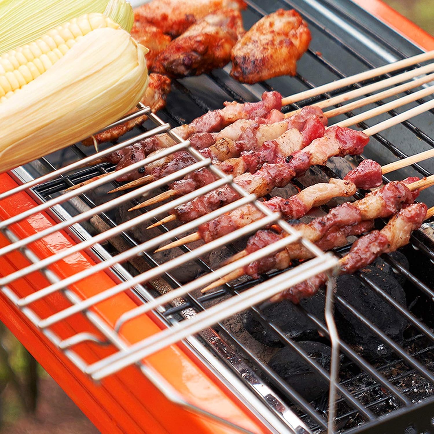 Barbecue Desk Outdoor Camping Courtyard Picnic Roast Meat Home Charcoal Grill Portable Travel Folding BBQ Grill with Storage Bag and Non-Stick Frying Pan,27.4×18.5'×31.0' Tabletop Barbecue