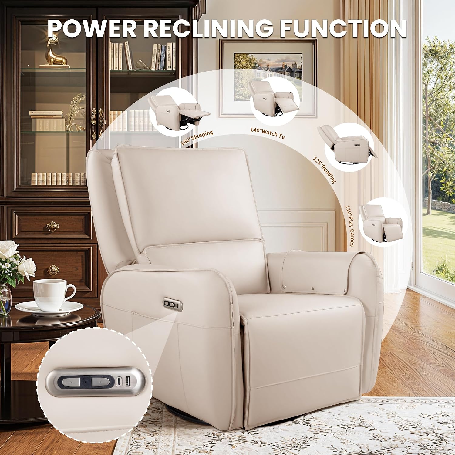 Power Swivel Rocking Recliner- Glider Rocking Chair for Adult - Nursery Glider for Breastfeeding,Quiet Motor, Faux Leather - Swivel Recliner for Living Room, Nursery (Cream White)