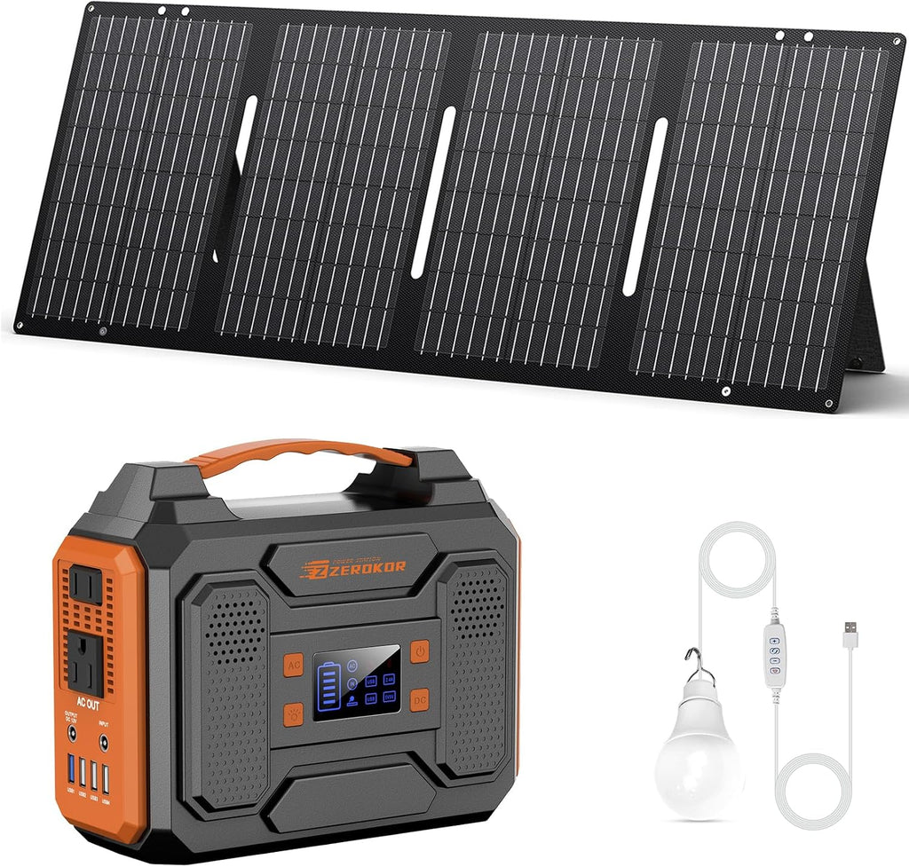 Portable Solar Generator with Panel,300W Portable Power Station with Foldable 60W Solar Panel, 110V AC Outlet Camping Solar Power Bank Lithium Battery Pack for Home Use RV Outdoor Power Outage