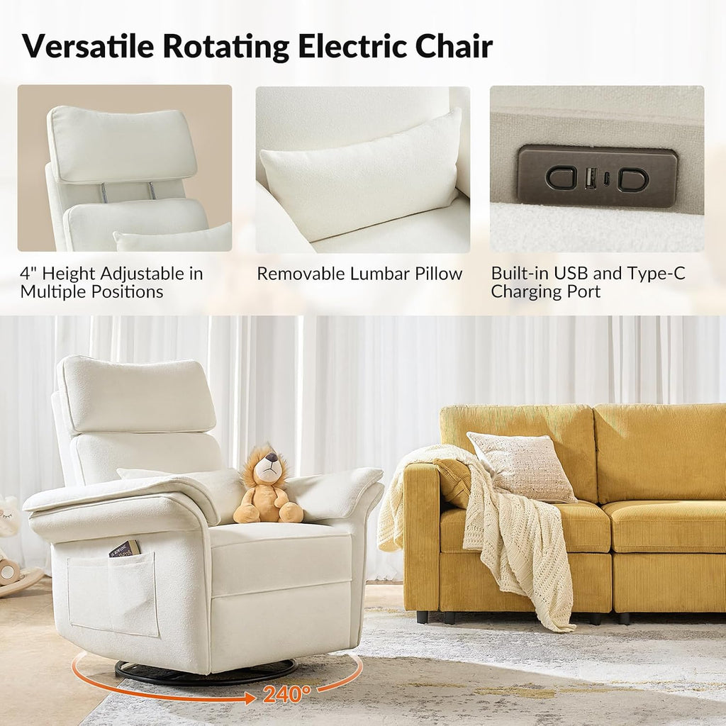 HULALA HOME Nursery Glider Recliner with Adjustable Headrest and Armrests, Modern Power Swivel Rocker Recliner Chair with USB Port and Storage Bags, GREENGARD, FSC, CertiPUR-US® Certified, Ivory