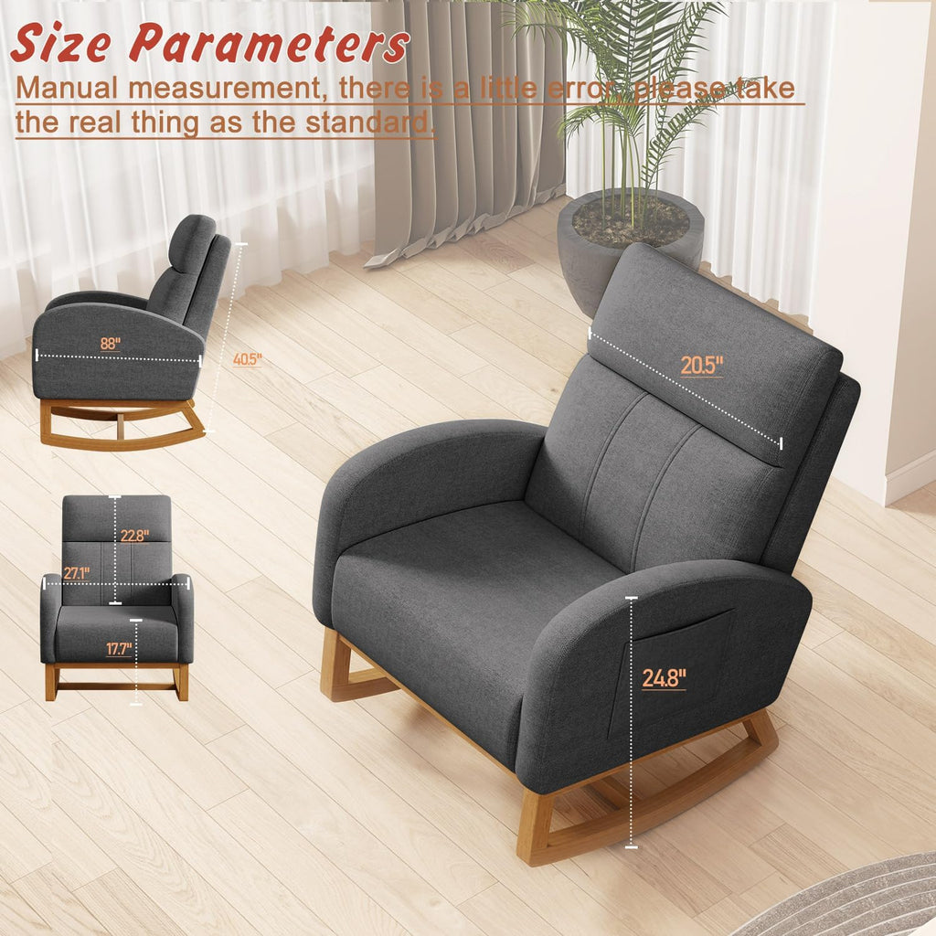 Gaussen Glider Rocking Chair Nursery Comfy Accent Chair with High Backrest Upholstered Living Room Chairs with Pocket Armchair Reading Chair for Bedroom Nursery Office (Grey)