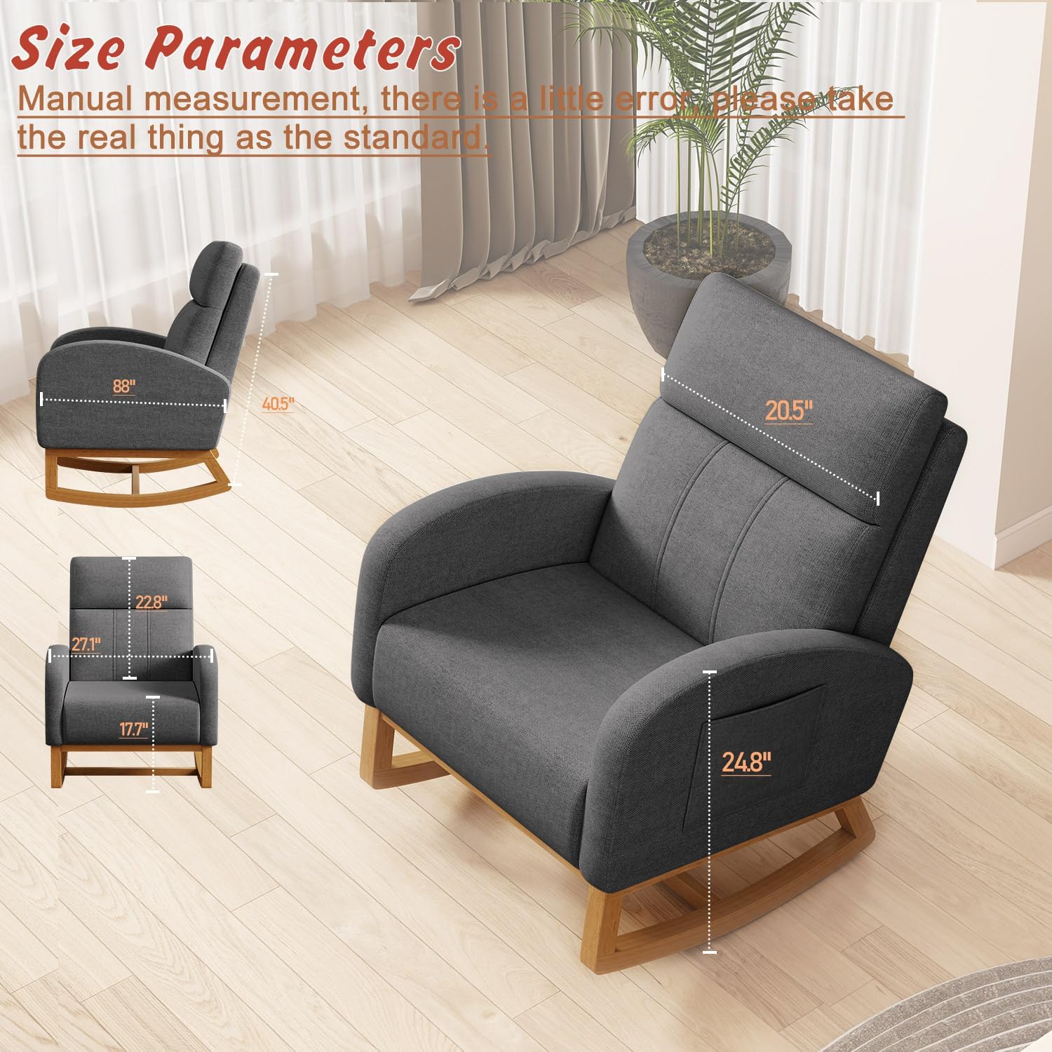 Gaussen Glider Rocking Chair Nursery Comfy Accent Chair with High Backrest Upholstered Living Room Chairs with Pocket Armchair Reading Chair for Bedroom Nursery Office (Grey)