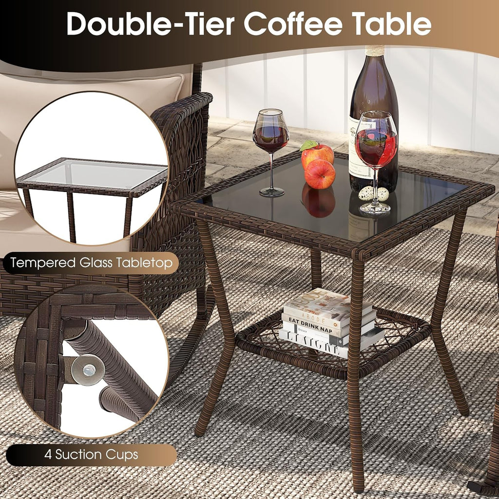 Tangkula 3 Piece Patio Rocker Set, Patiojoy Outdoor Wicker Rocking Chairs w/Double-Layer Coffee Table, Rattan Rocker Chair Set w/Seat Back Cushions & Pillows, for Porch, Backyard, Poolside (Beige)