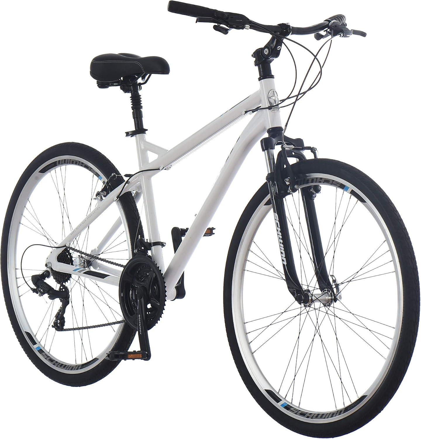 Schwinn Network 3.5 Hybrid Bike, Mens and Womens Bike, 21-Speed Hybrid Bicycle, Aluminum Frame, Suspension Seat, Alloy Linear Pull Brakes, Adult Bicycle