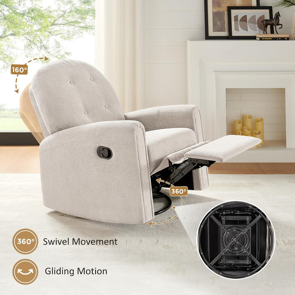 VANOMi 360 Swivel Rocker Recliner Chair, Nursery Rocking Chair with Tufted Backrest, Manual Recliner Chairs for Small Spaces, Upholstered Glider Nursing Chair for Living Room, Bedroom (Camel)