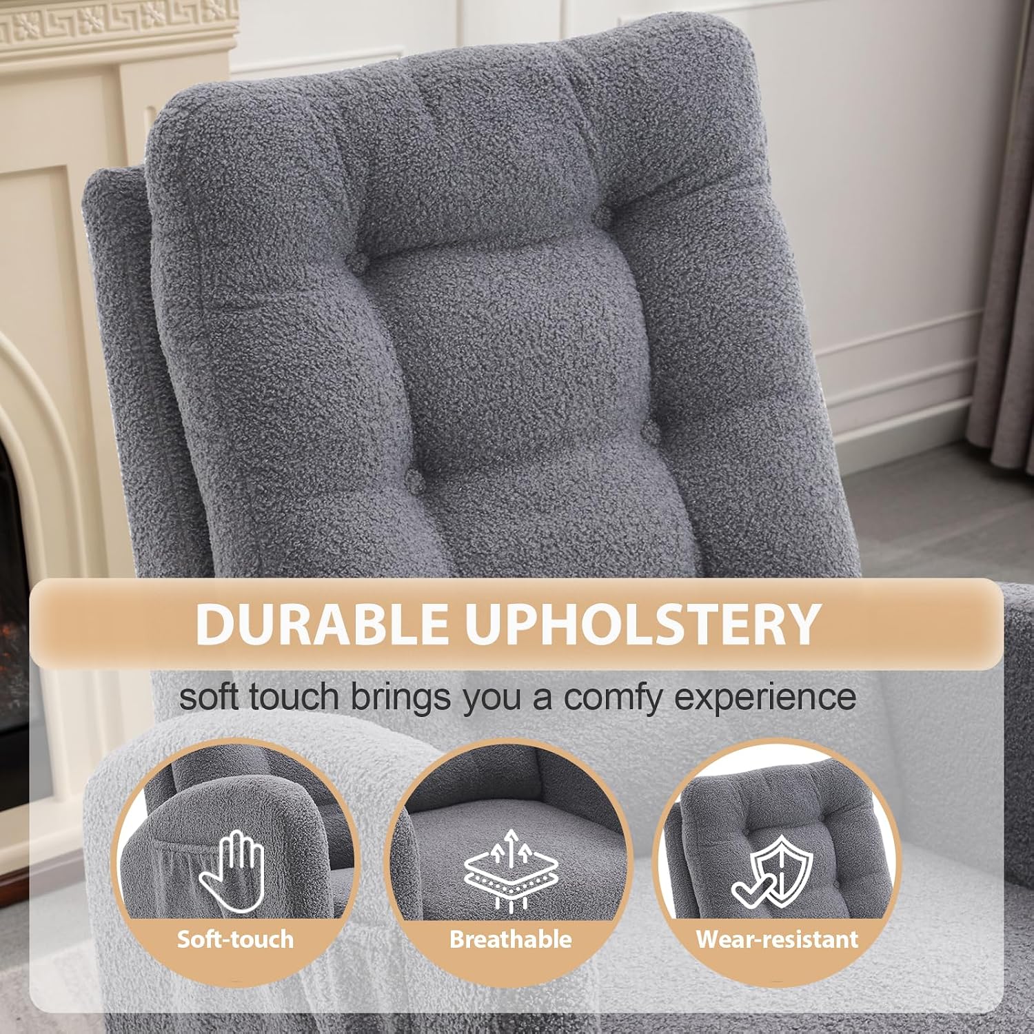 cinkehome Nursery Rocking Chair with Retractable Foot Rest, Teddy Glider Rocking Chair, Mid Century Rocker Chair, High Back, Solid Wood Legs