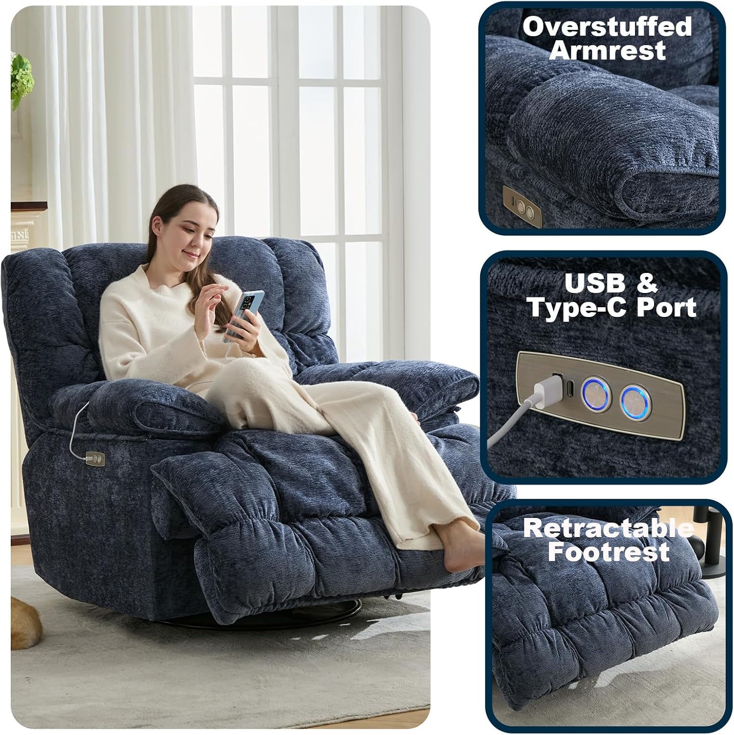 GINGO Power Oversized Recliner Chair, Extra Wide Swivel Rocking Recliner Chair, Breathable Soft Fabric Modern Single Sofa for Living Room, 90°-140° Electric Adjustable Angle, USB & Type-C Port, Blue