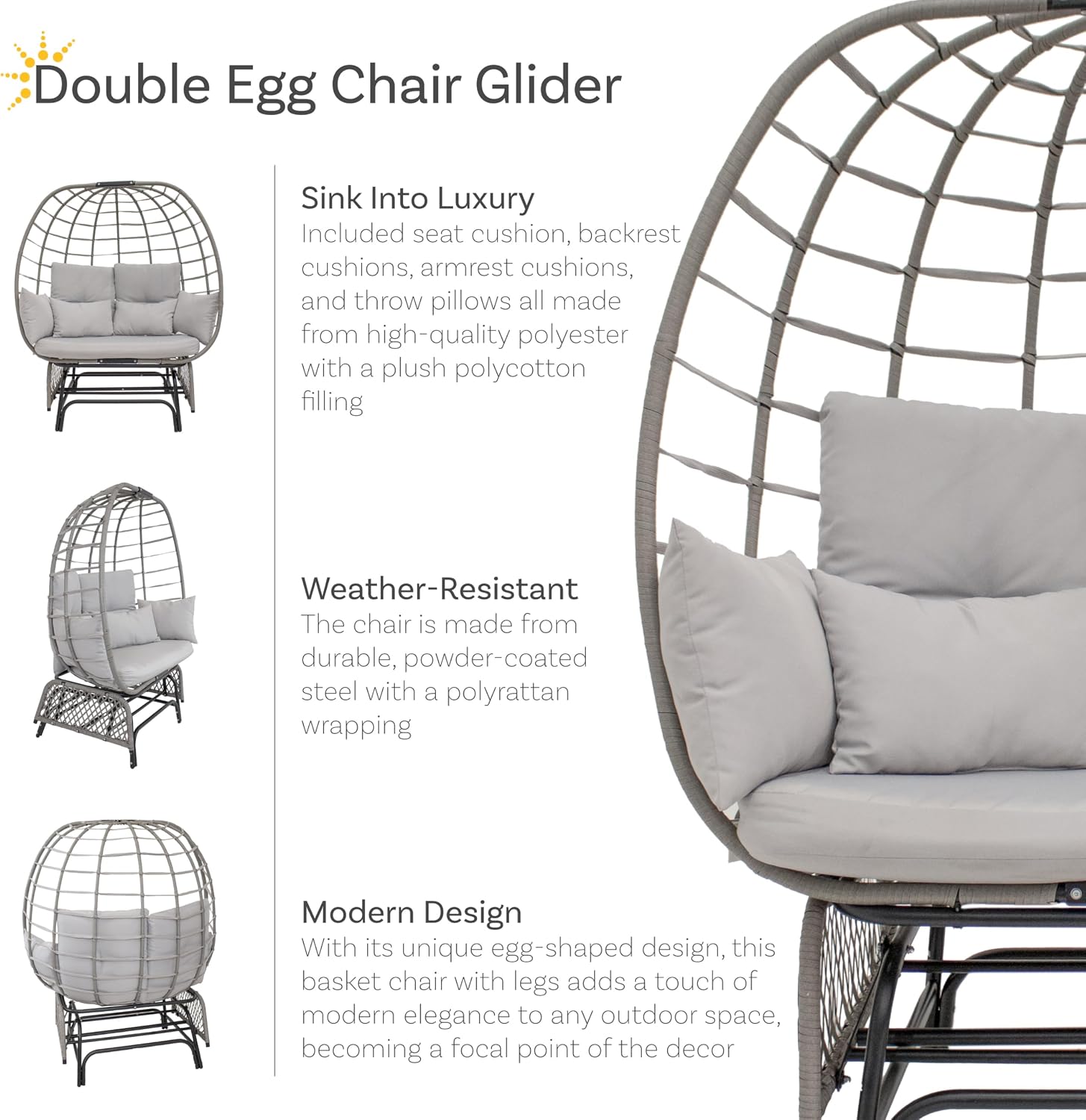 Sunnydaze Double Outdoor Egg Chair with Legs - 2-Seat Glider Rocking Egg Chair with Cushions and Pillows - Gray