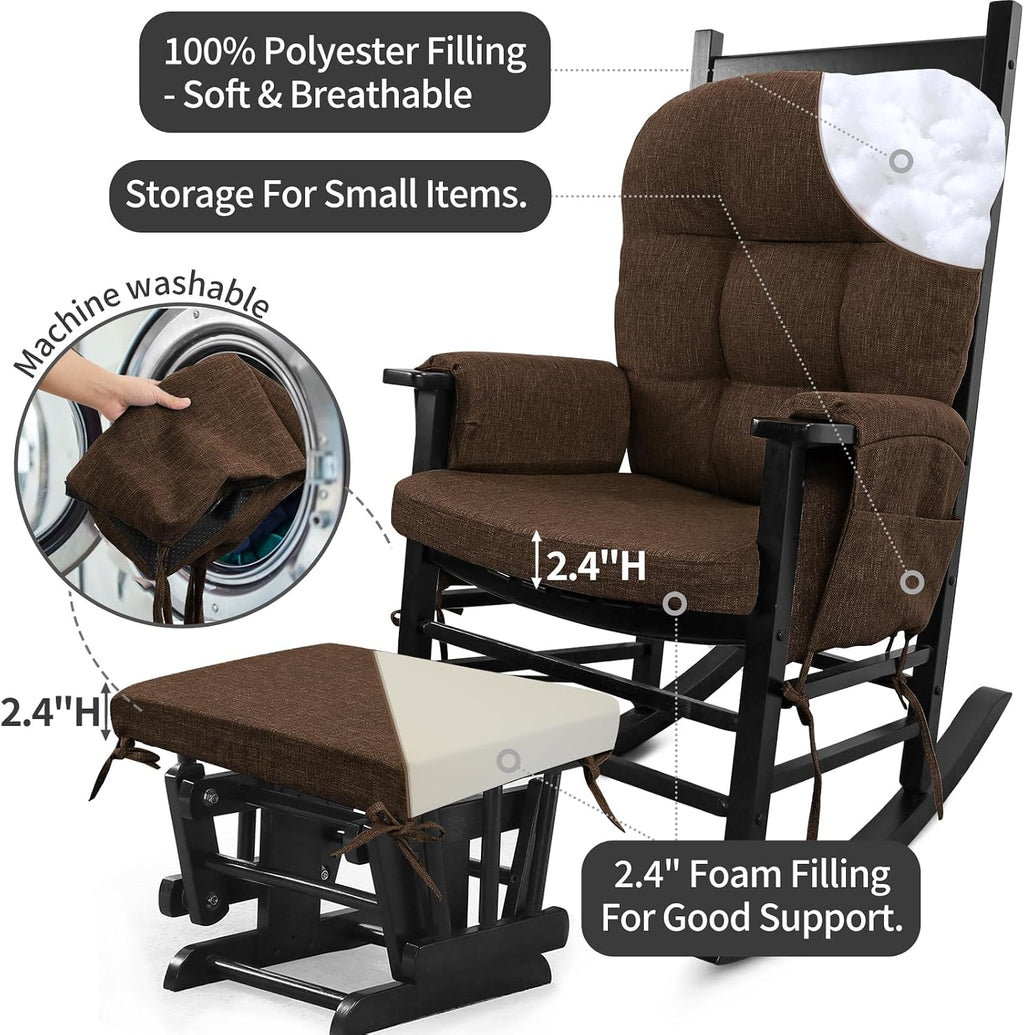 BUYUE Glider Rocker Replacement Cushion 5 PCS with Ties, Linen High-Density Foam Non-Slip & Washable Rocking Chair Pads for Sitting, Chocolate
